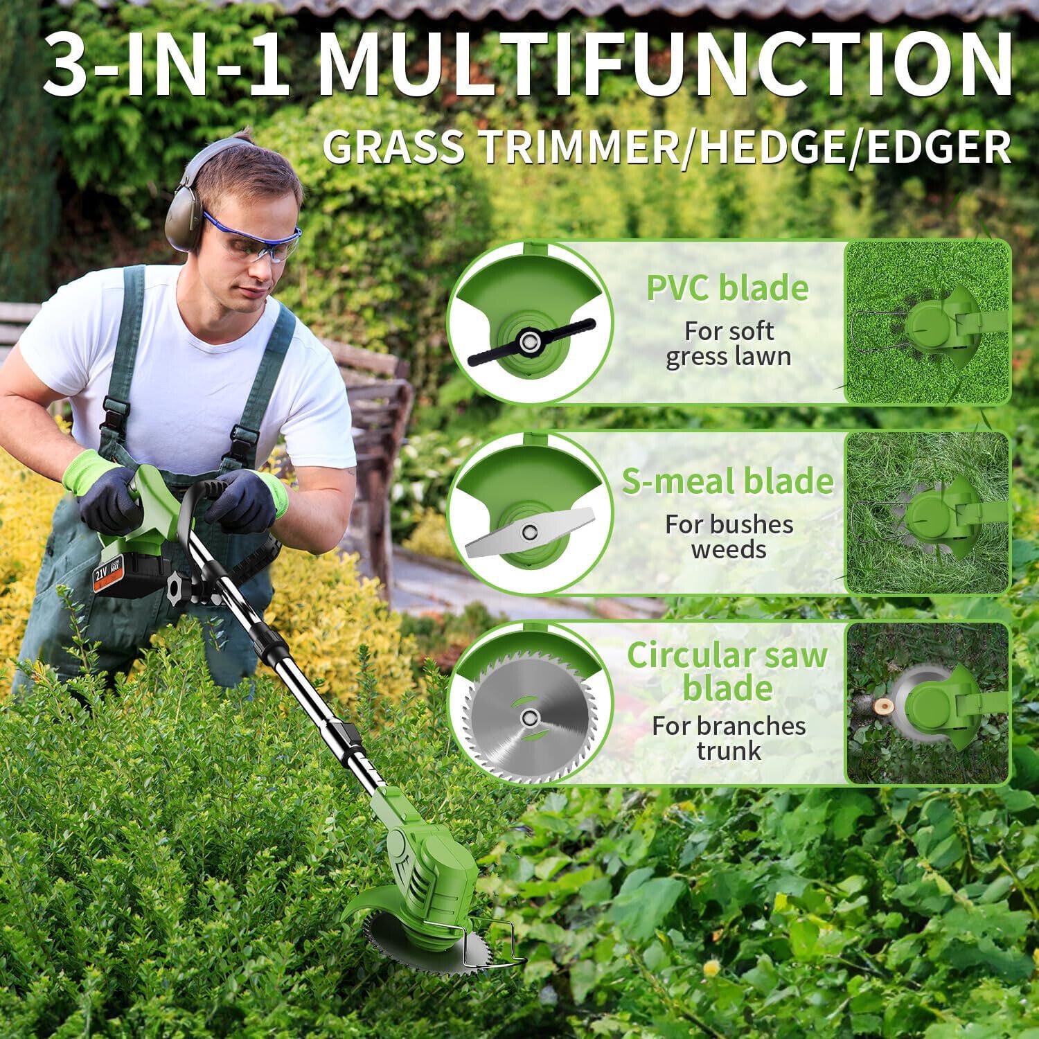 LEXKUYI Electric Cordless Weed Wacker, 48V Battery Powered Grass Trimmer with 2 Batteries & 3 Cutting Blades (Green, 47.2 in) r71wm