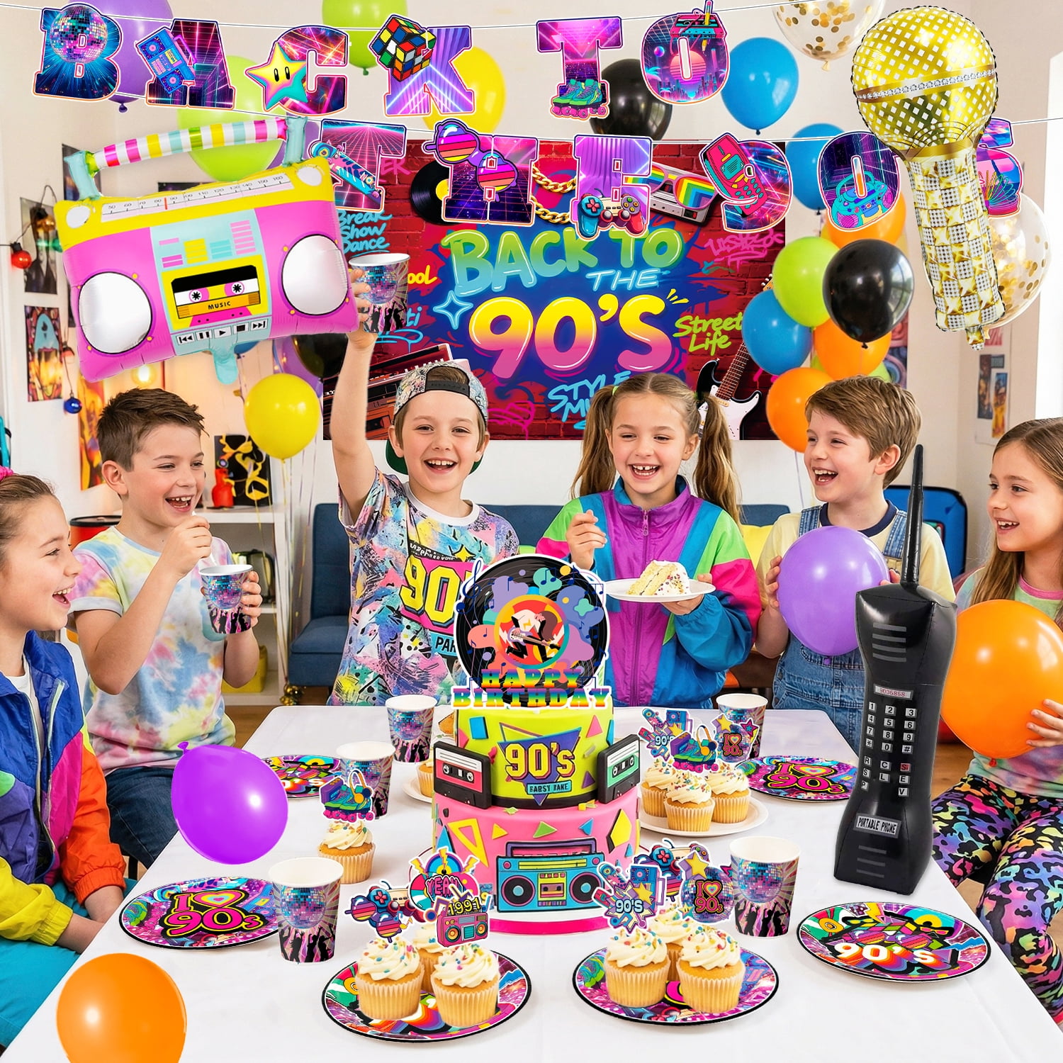 ElifJoyDeco 90s Party Decorations Birthday Supplies Set with Backdrop Balloons and Tableware (128 Pieces) swqdf