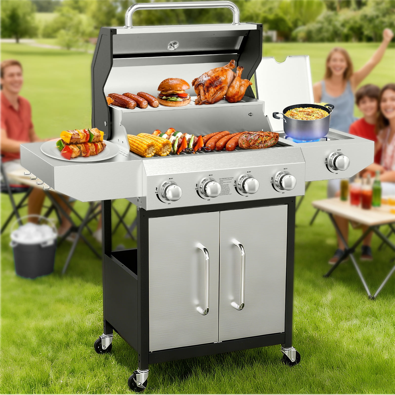 Frizi 4-Burner Gas Grill with Side Burner, Stainless Steel Propane BBQ for Patio and Camping (60,000 BTU) z8ws2