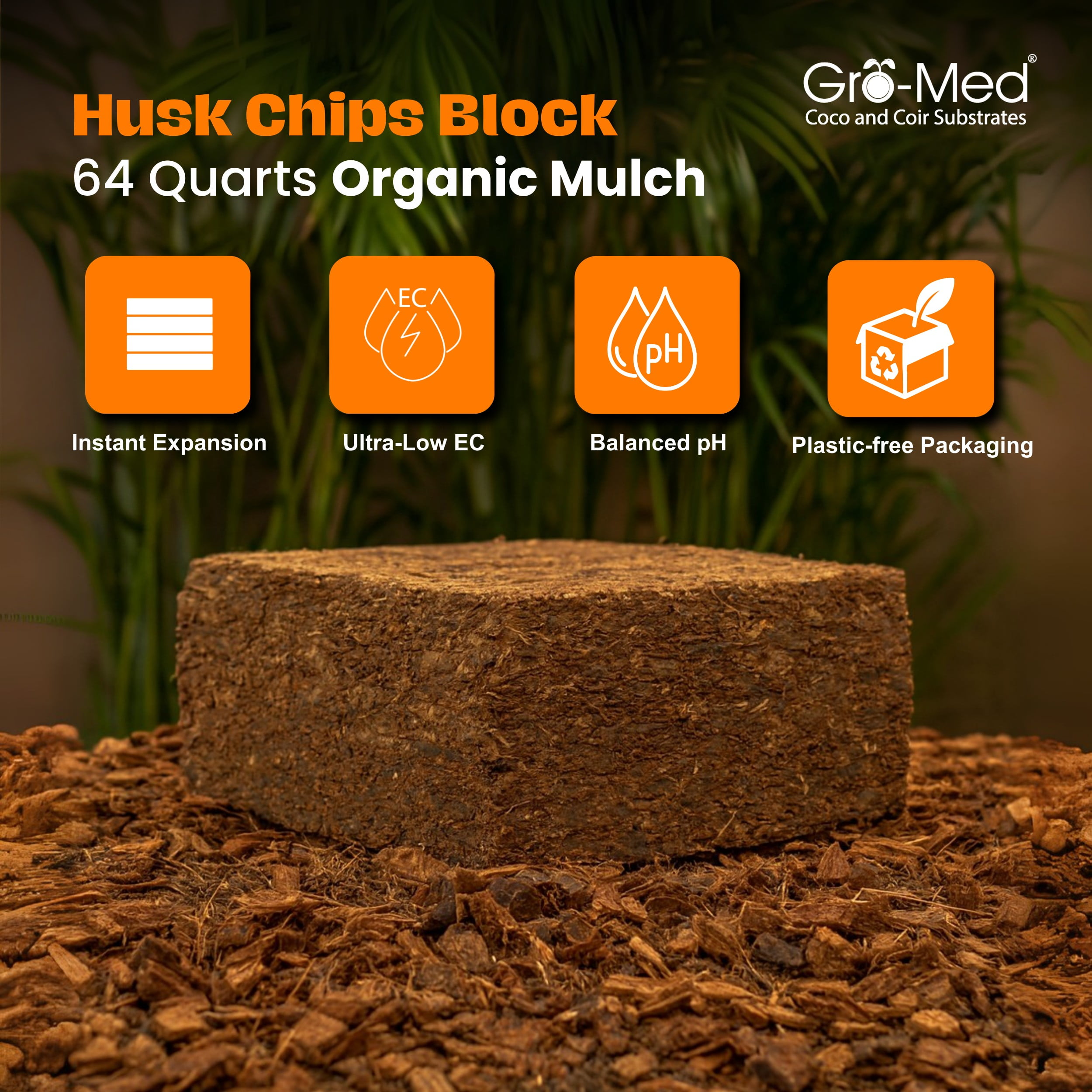 Gro-Med Coconut Coir Husk Chips Block, Organic Soil Amendment and Potting Mix (10 lb, 2.5 cu ft) gkk1q