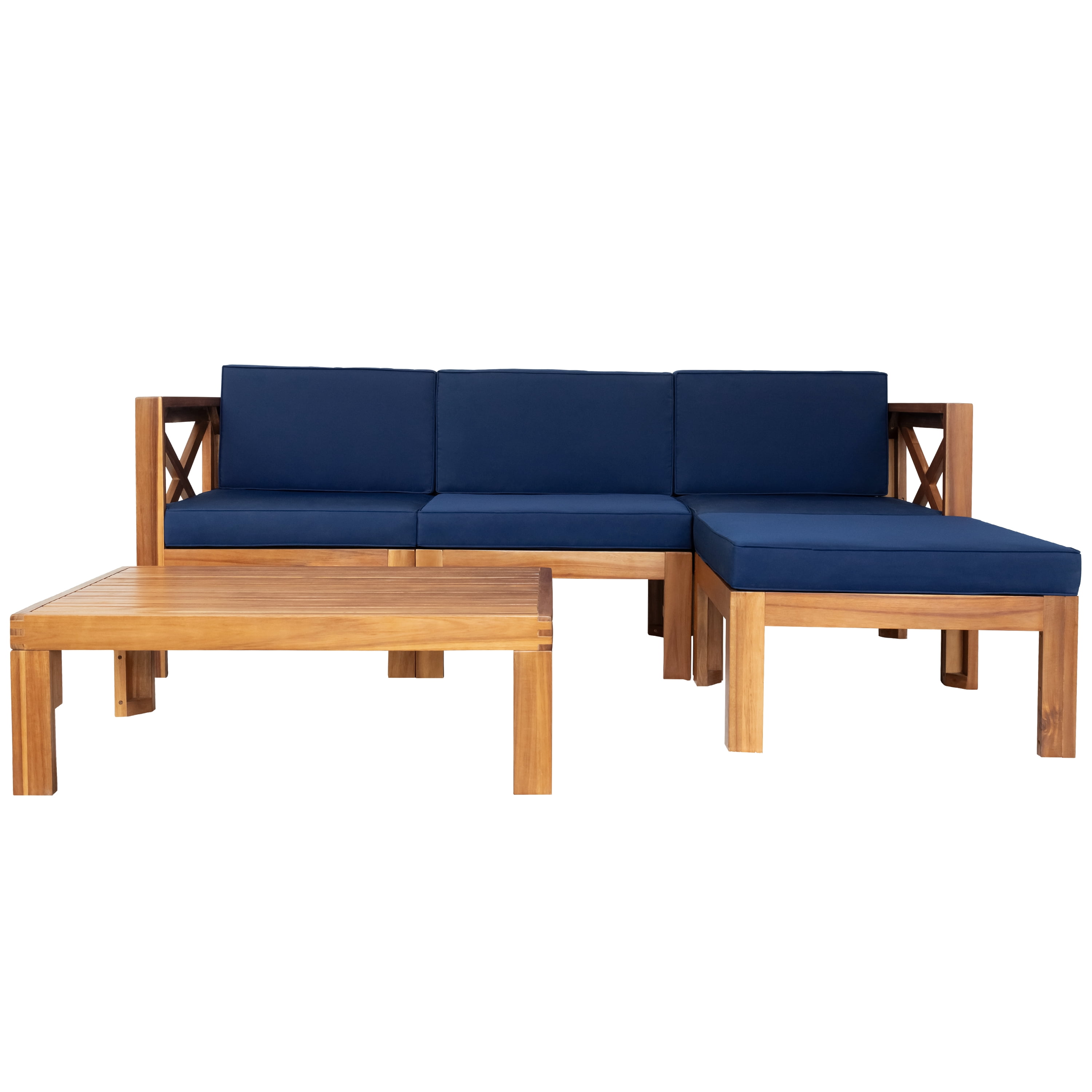 Euroco Outdoor Patio Wood 5-Piece Sectional Sofa Seating Group with Water-Resistant Cushions (Natural Finish, Blue, 5-Piece Set) ym4qv