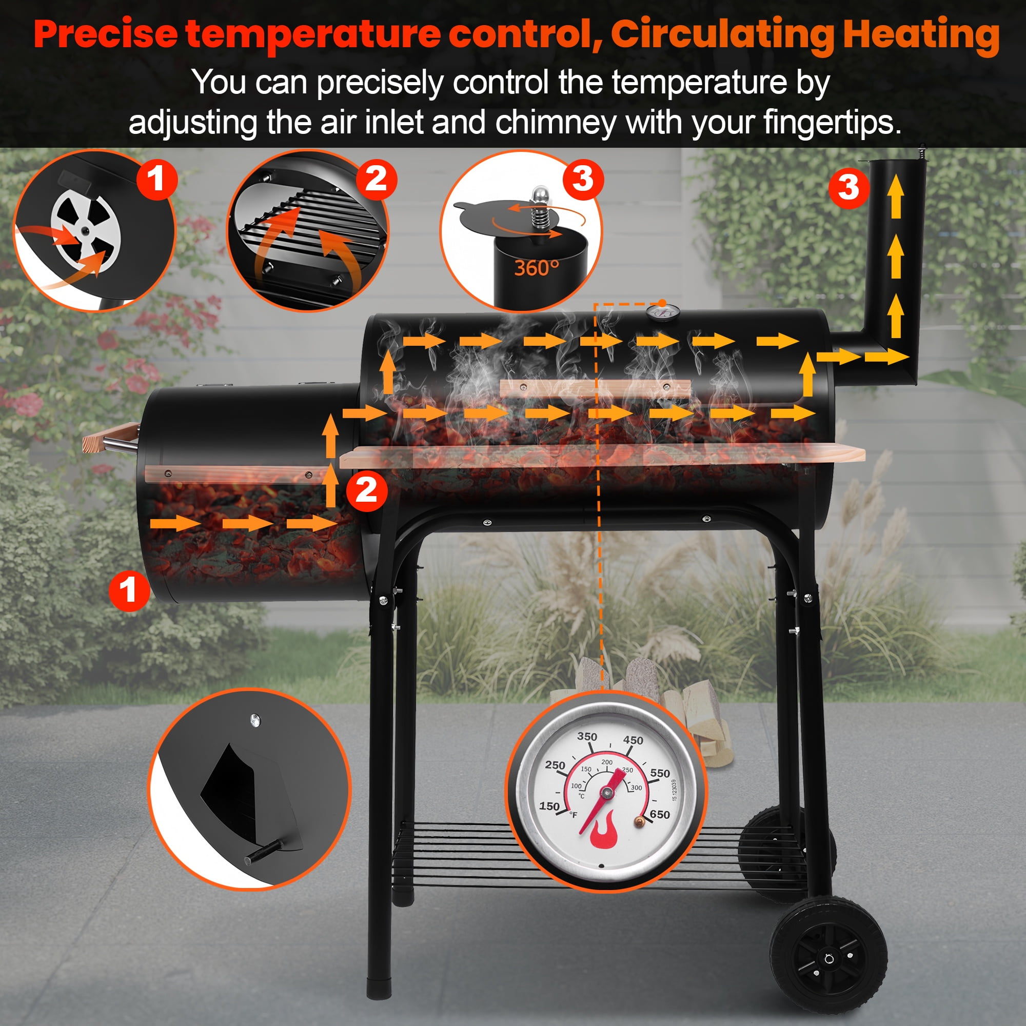 Seizeen Charcoal Grill with Offset Smoker, Outdoor BBQ Grill with Side Table (Black, 44 in x 25 in x 45 in) dq2j8