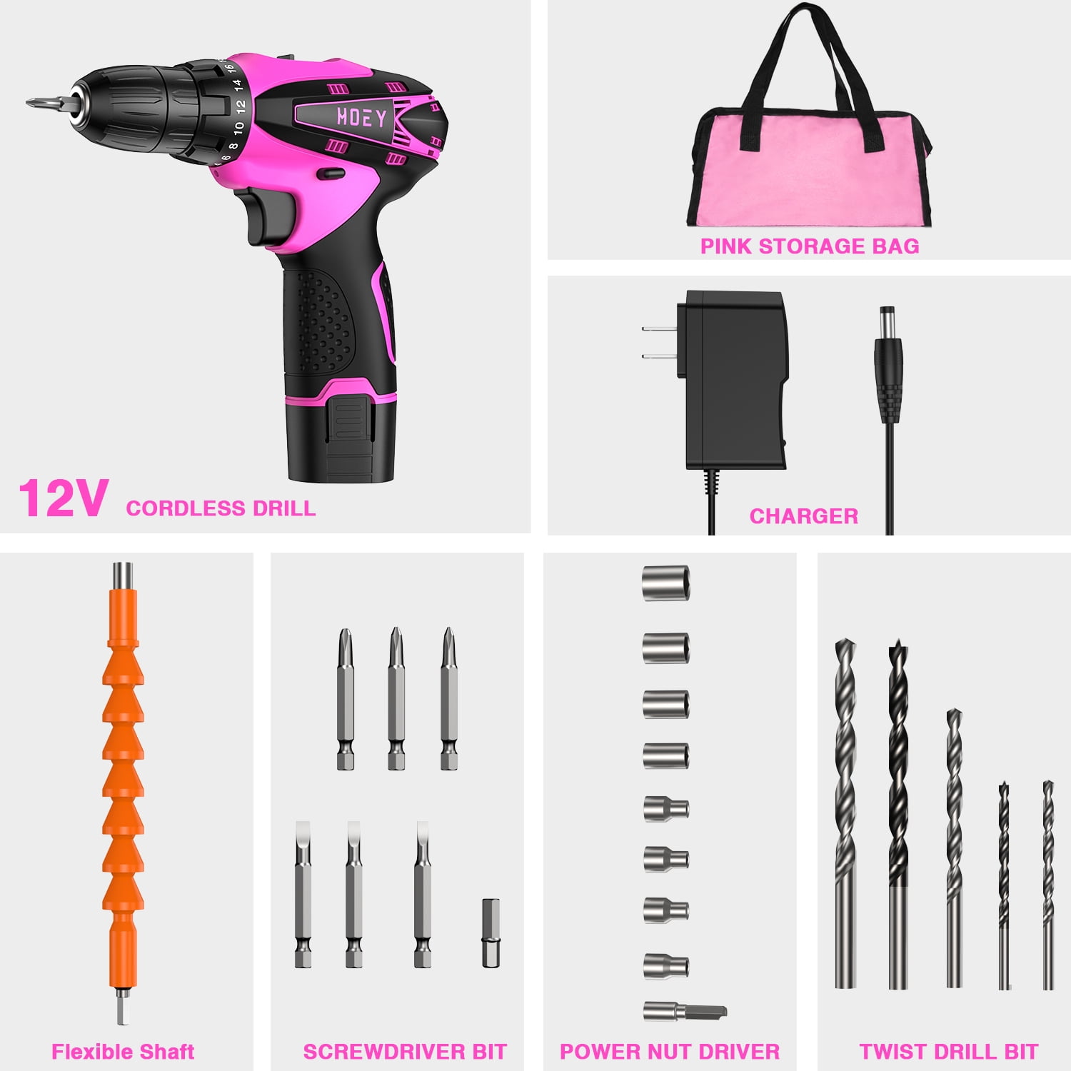 Hoey Cordless Drill Set, 12V Power Drill Electric Screwdriver Kit with 22 Pcs Accessories (Pink, 3/8 in Chuck) 482z7