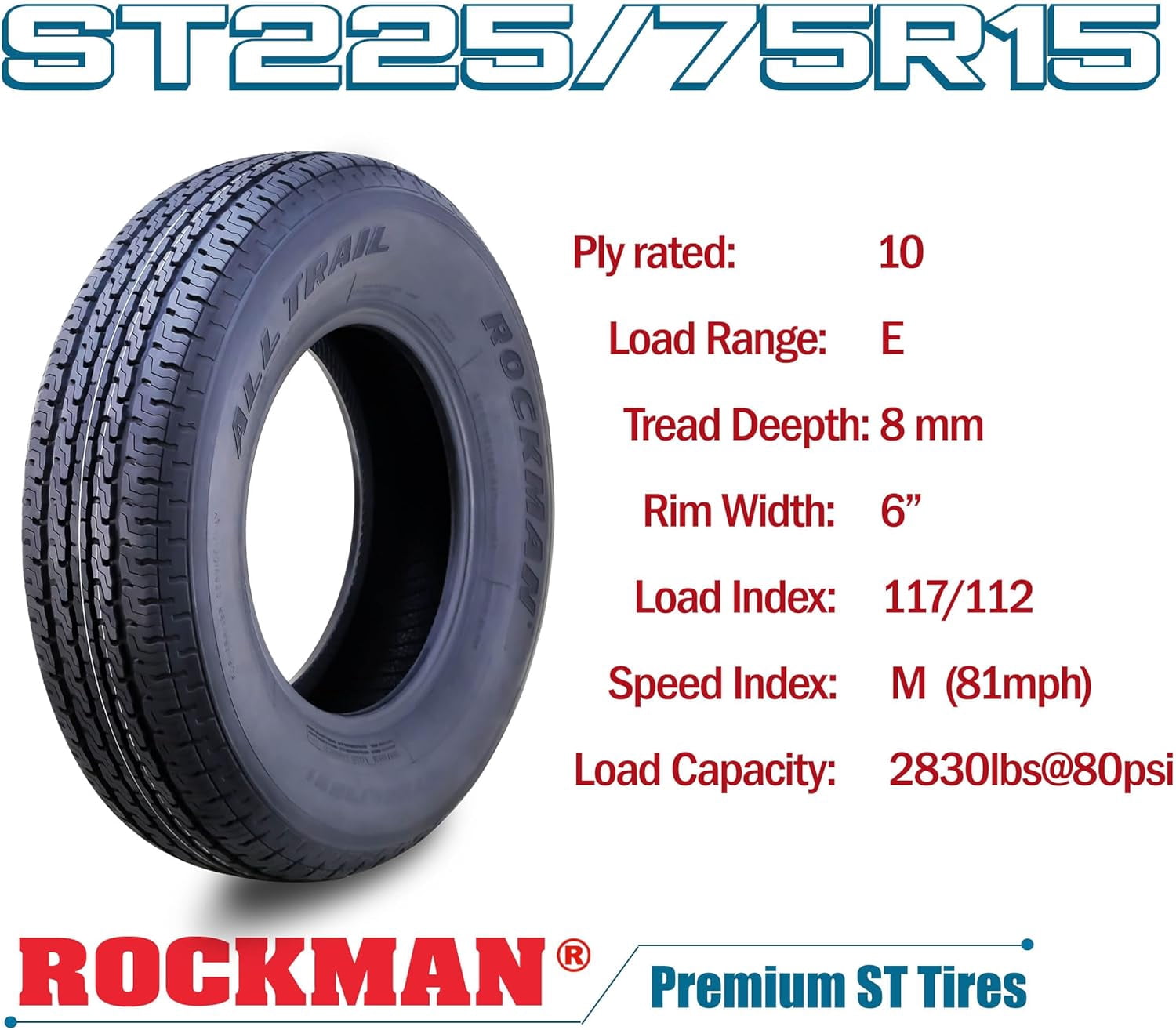 ROCKMAN ST225/75R15 Trailer Tire, 10-Ply Load Range E Steel Belted Radial (Set of 4) ot05m