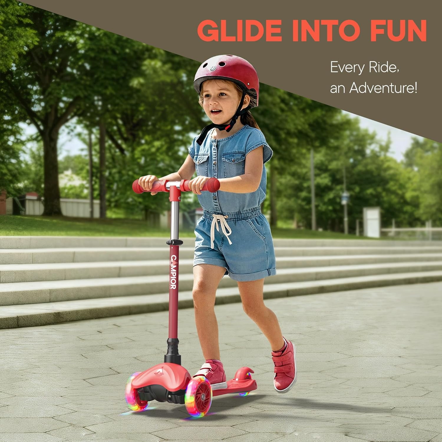 Campior 3-Wheel Kids Scooter with LED Light-Up Wheels, Adjustable Handlebar, Lean-to-Steer Design (Red, 27.56 in) ykivp