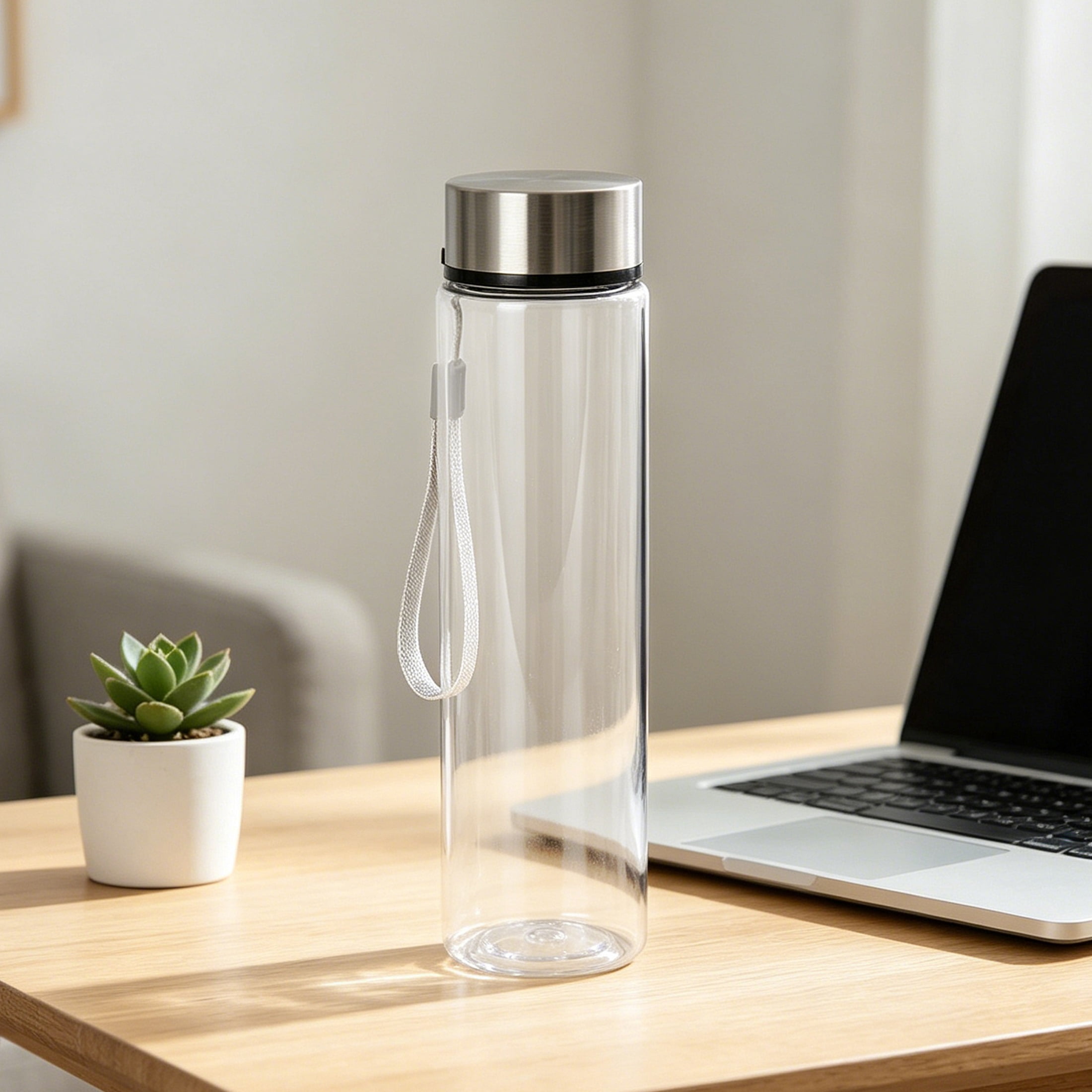 Mainstays Durable Plastic Water Container with Stainless Steel Screw Cap and Carry Strap (Clear, 18 oz) fgjok