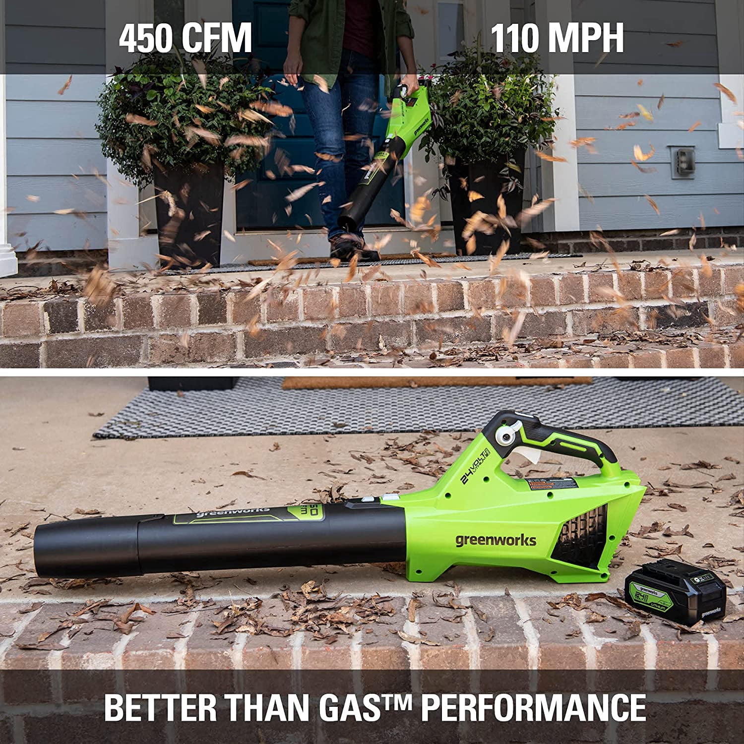 Greenworks Brushless Cordless Leaf Blower Kit with Battery and Charger (Green, 450 CFM) mq1vm