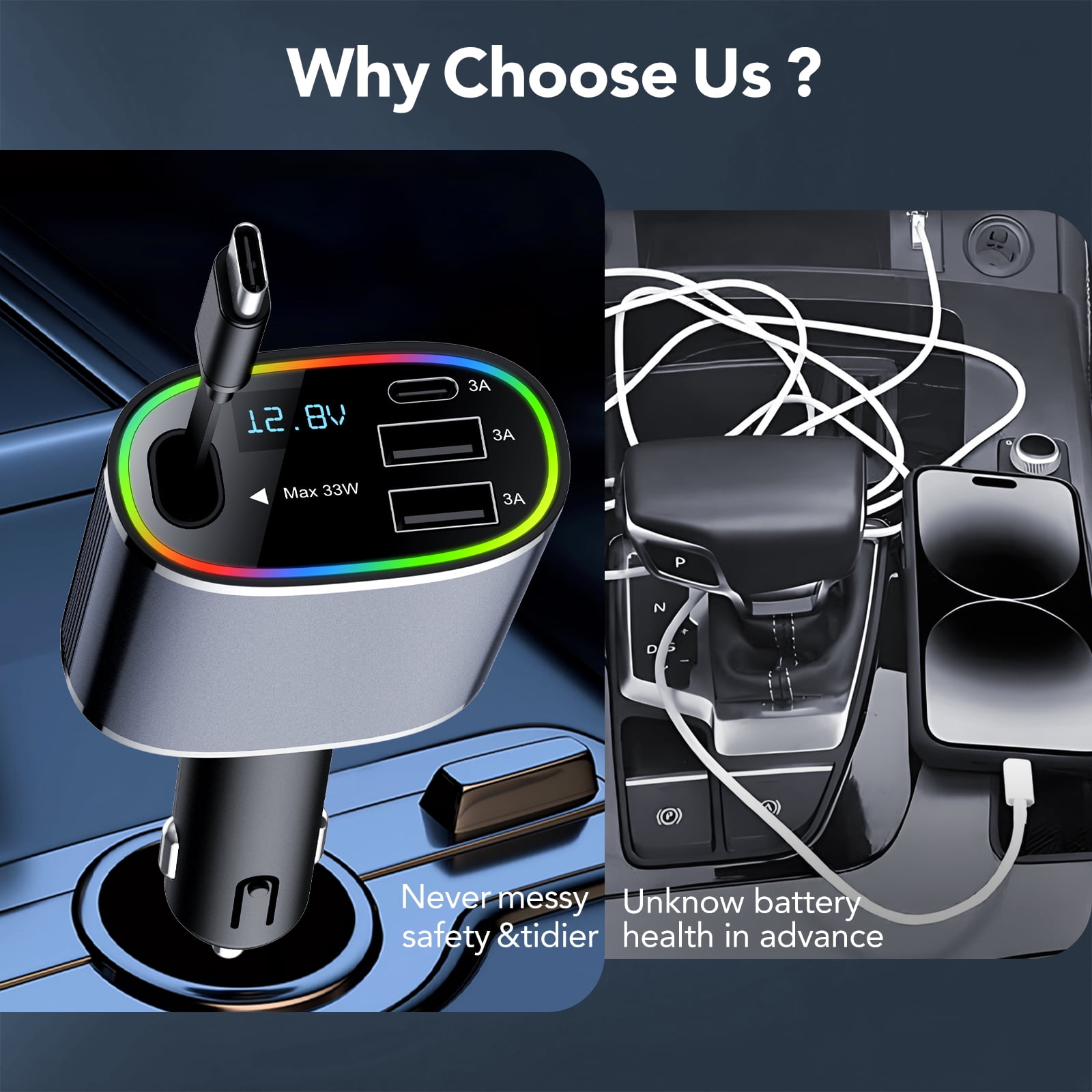 Tikland 4-in-1 Retractable Car Charger, 78W Fast Charging USB-C Adapter with 2.6ft Cord (Black) v0nuw
