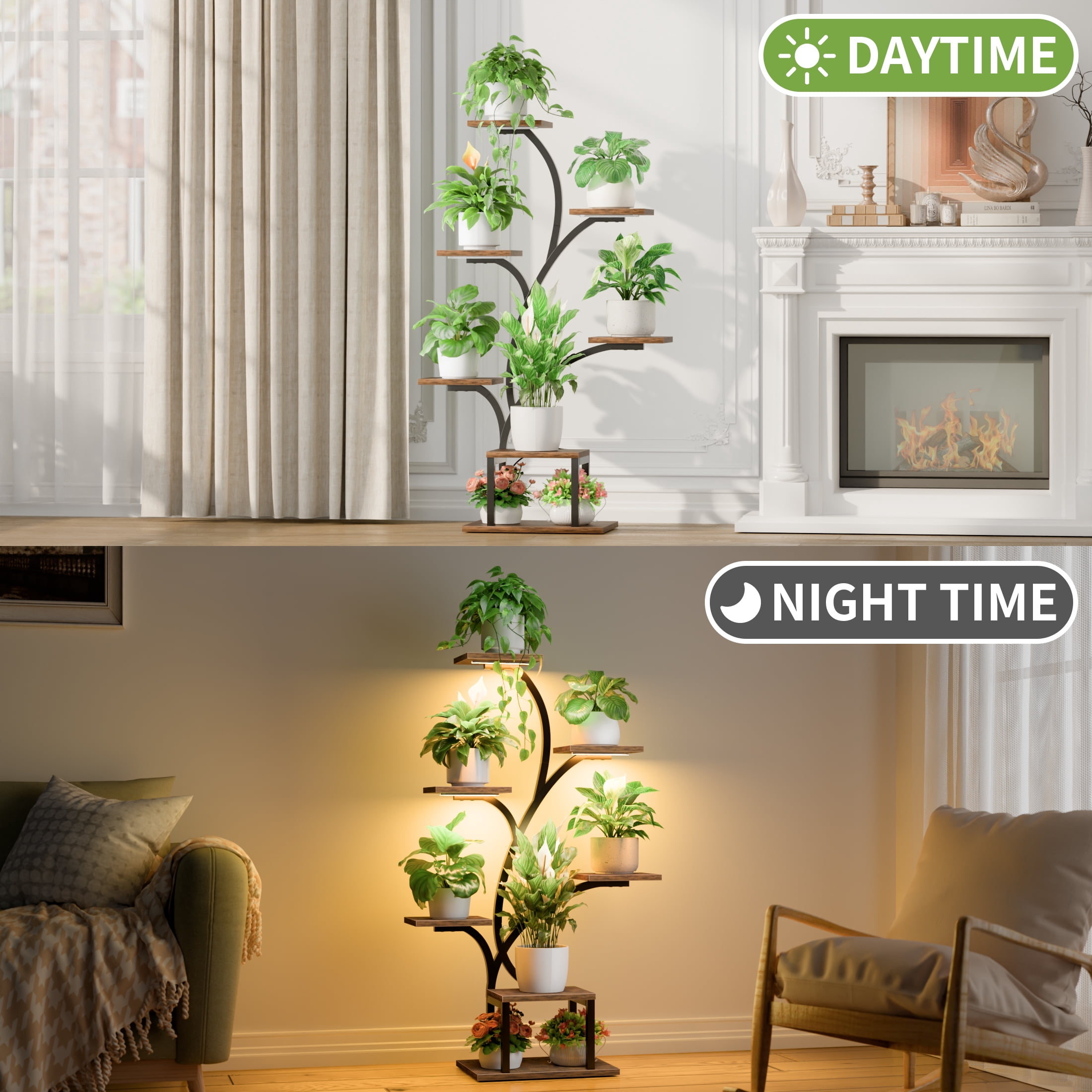 BECOKOME 7-Tier Indoor Plant Stand with LED Grow Lights, Vertical Corner Flower Display Rack (Black, 49 in) 4qr55