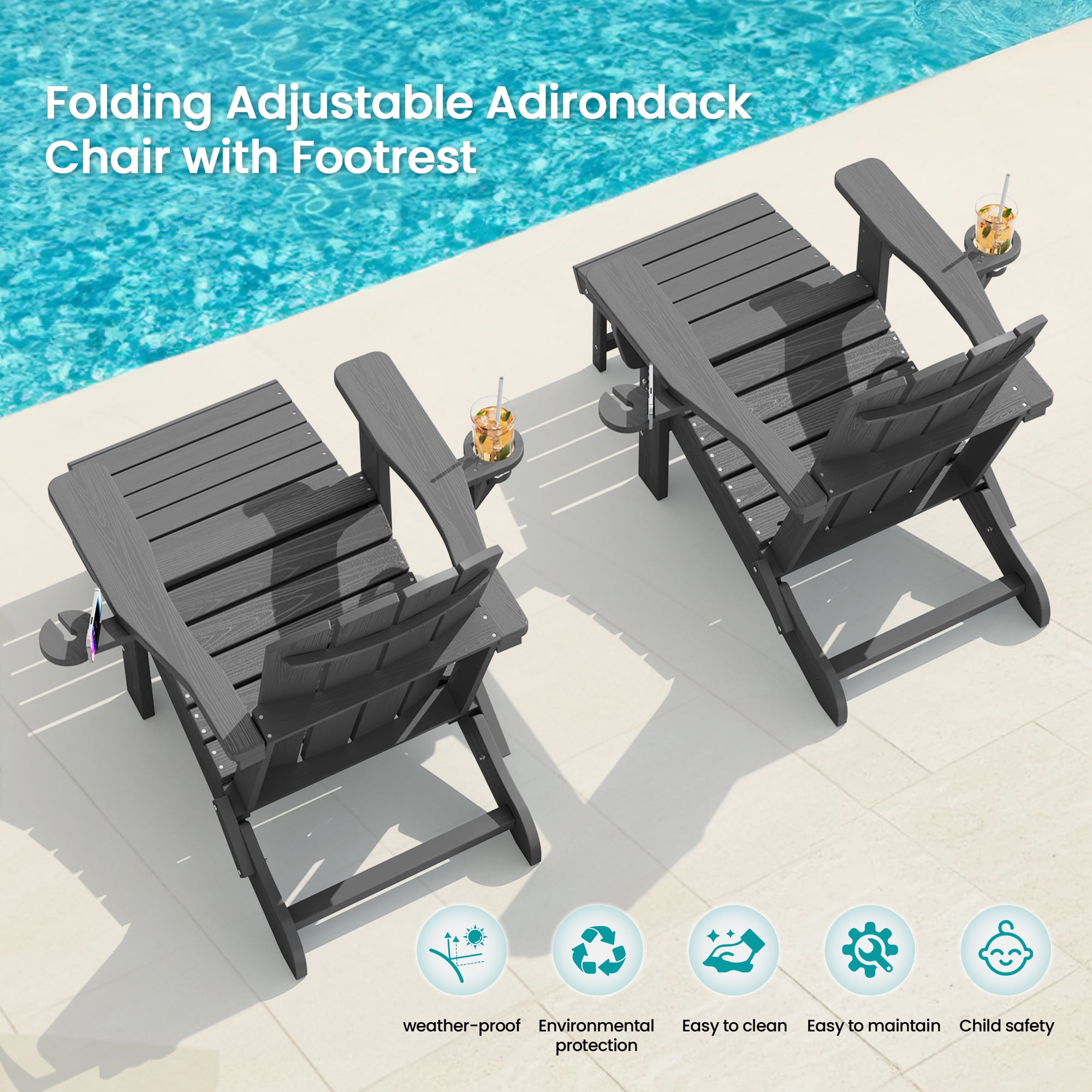 KINGYES Folding Adjustable Adirondack Chair with Retractable Ottoman (Grey, Set of 2) jf7ar