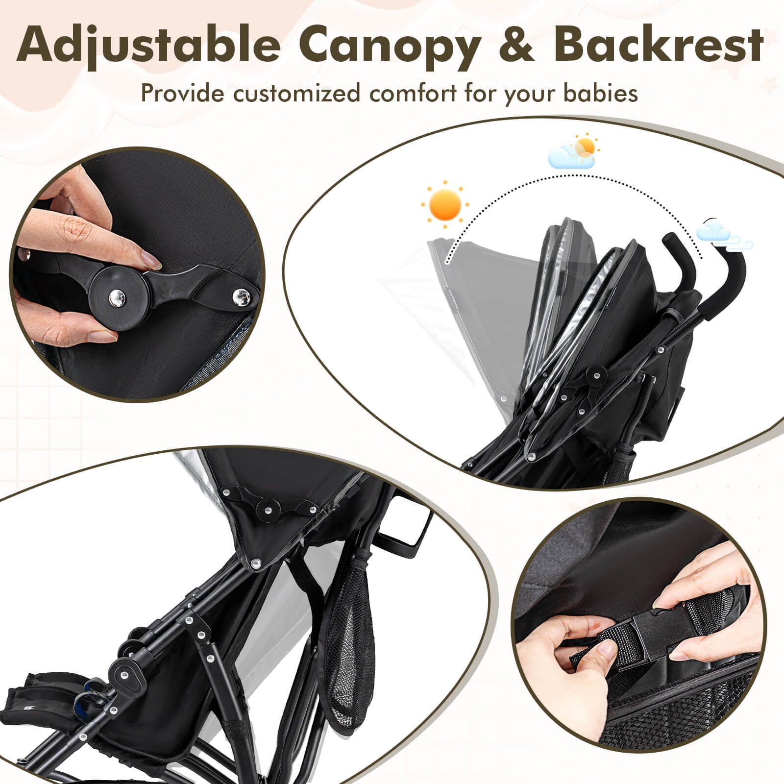 Costway Foldable Twin Baby Double Stroller Ultralight Umbrella Pushchair (Black) 92wl4