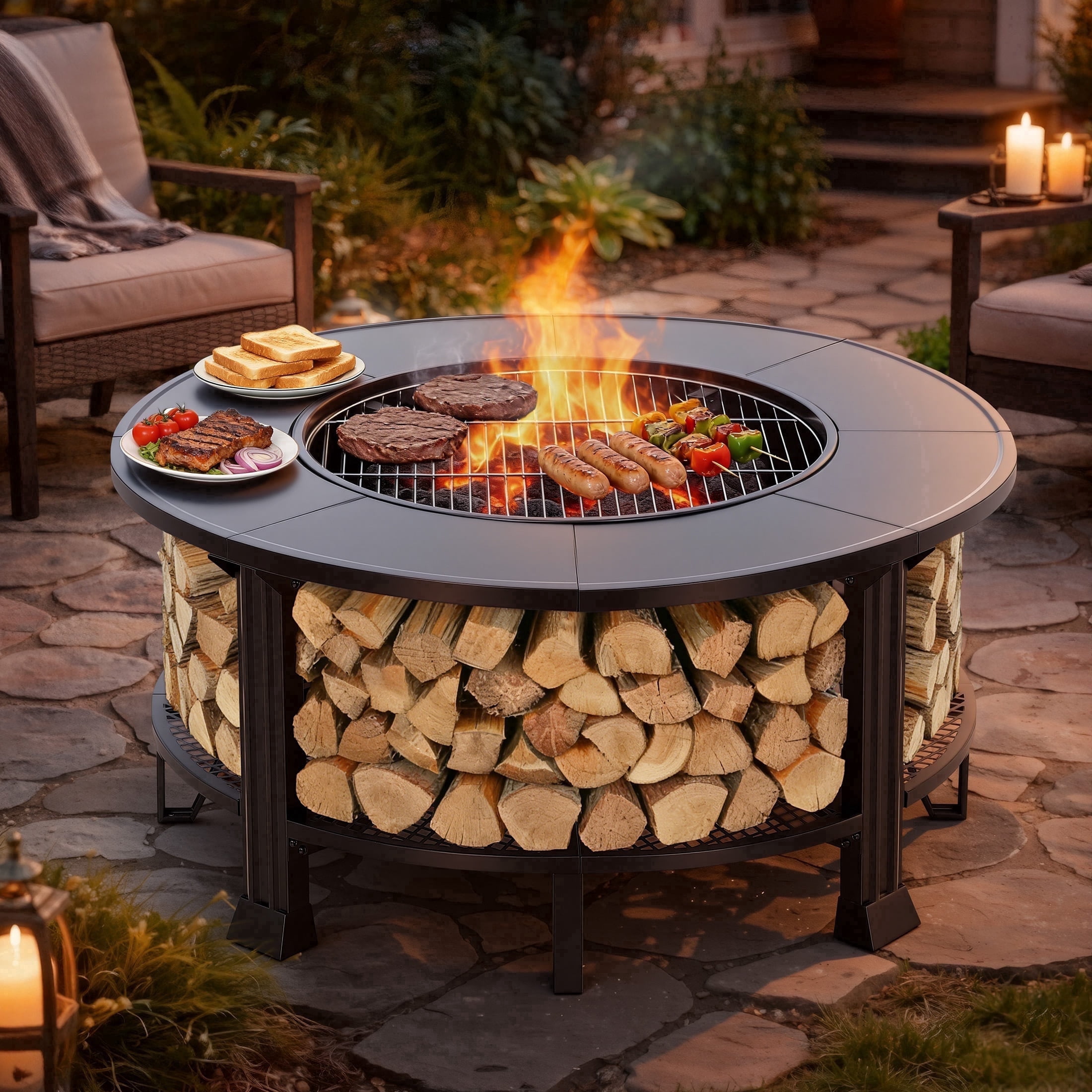 Segmart 38 in Round Wood Burning Fire Pit Table with Grill, Poker, and Waterproof Cover (Black, 38 in) ra8m1