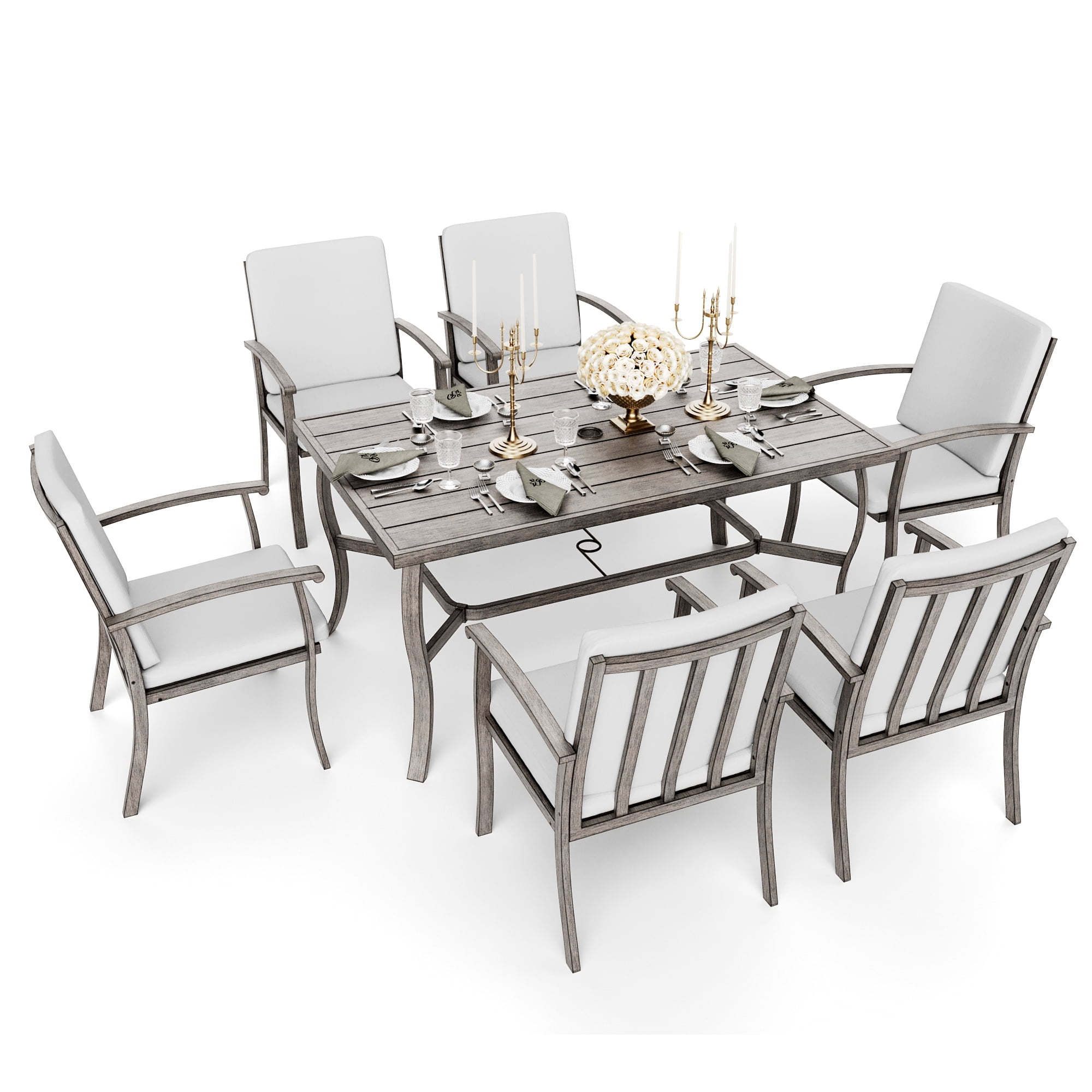 Happatio 7-Piece Outdoor Dining Set, Rust-Resistant Aluminum Patio Furniture for 6 with Washable Cushions (Gray) f6nup