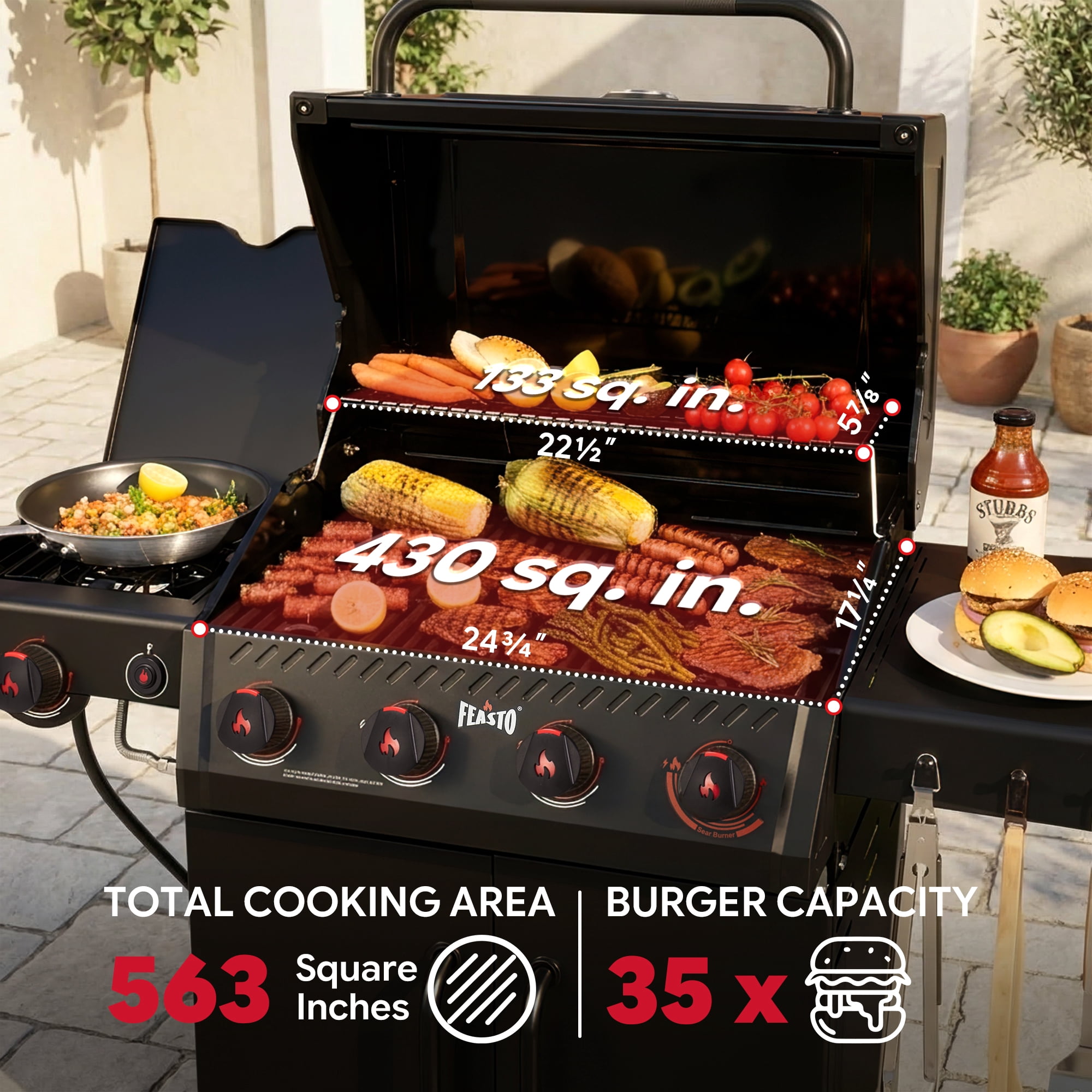 Feasto 4-Burner Propane Gas Grill with Side Sear Burner, Outdoor Cooking Station with Cabinet Storage (Black, 563 Sq.In.) kqswc