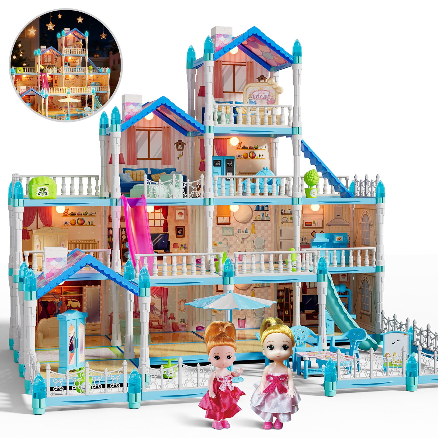 JoyStone Dollhouse with Warm Light, DIY Pretend Play Playhouse with 14 Rooms and 2 Dolls (Blue) w91cf