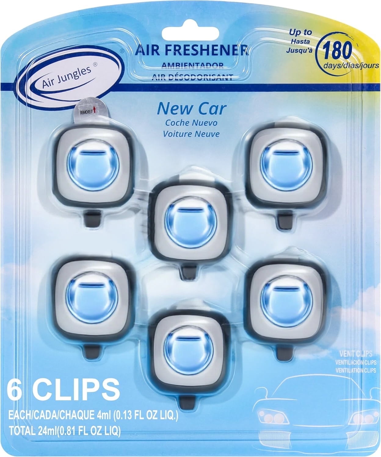 Air Jungles Car Air Freshener Vent Clips, New Car Scent, Long-Lasting Odor Eliminator (6 Ct, 0.14 fl oz each) wqog4