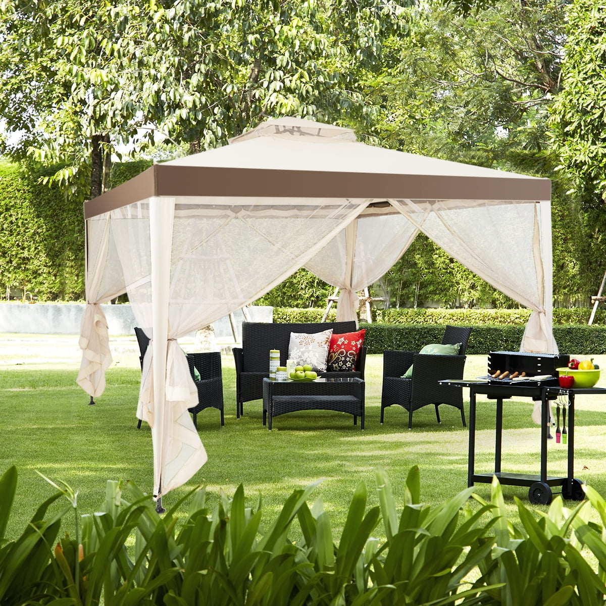 Costway Outdoor Event Canopy Tent with Mosquito Netting (Beige, 10 ft x 10 ft) 2gfqa