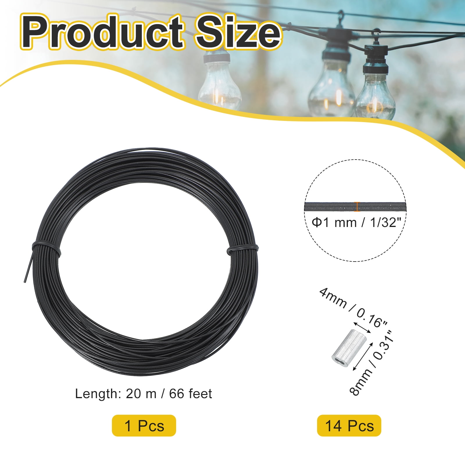 Uxcell Vinyl Coated Steel Wire Rope Cable with Crimping Sleeves (Black, 66 ft) pft92