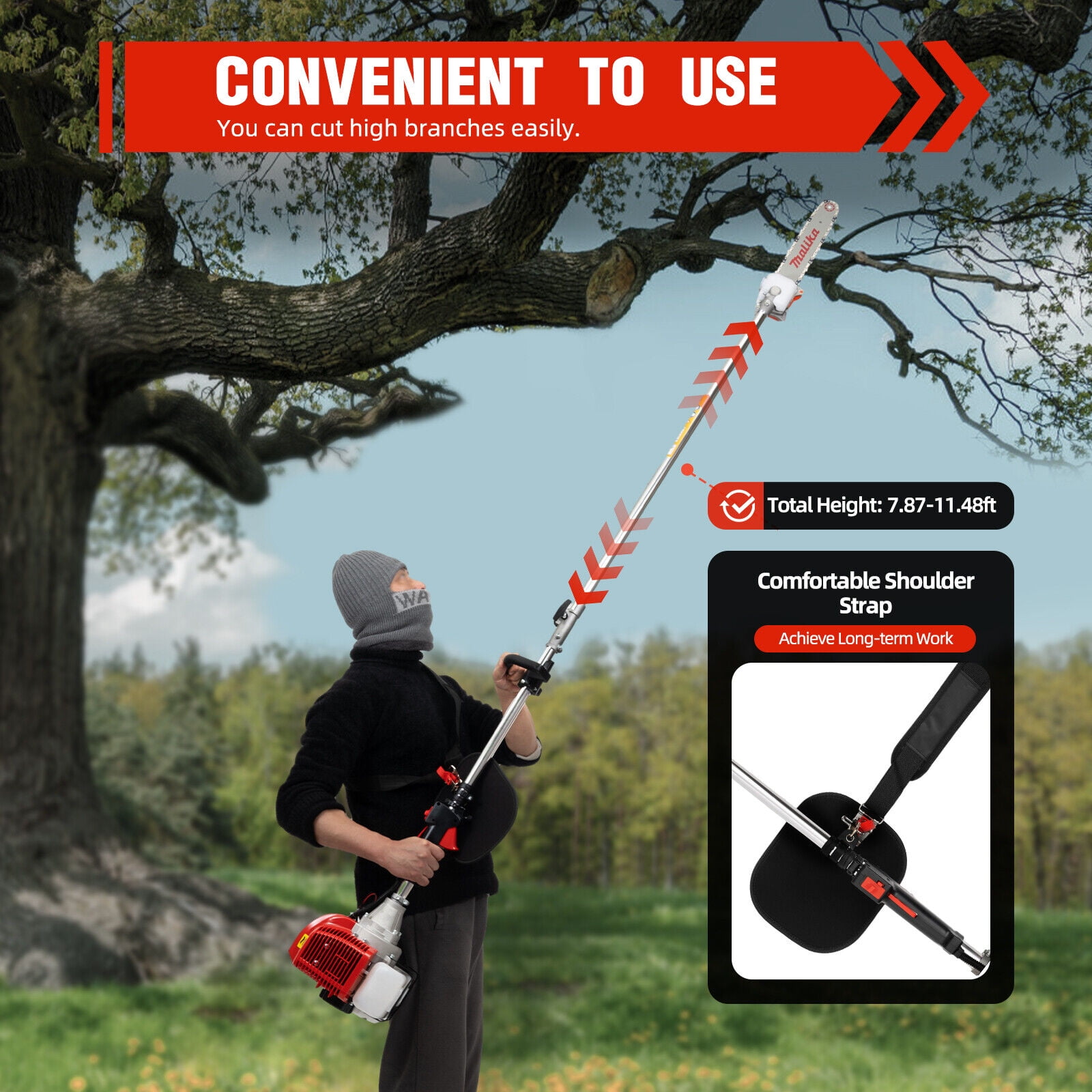 Miumaeov 2-Stroke Pole Chainsaw with Adjustable Handle and 12-in Guide Bar (Silver, 43cc Engine) 9rycl