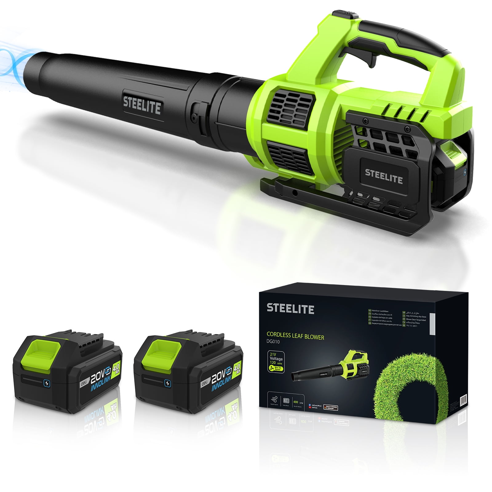 Steelite 21V Cordless Leaf Blower, High-Performance Electric Yard Blower with 2 x 4.0Ah Batteries and Charger (5 lb) e8q6q