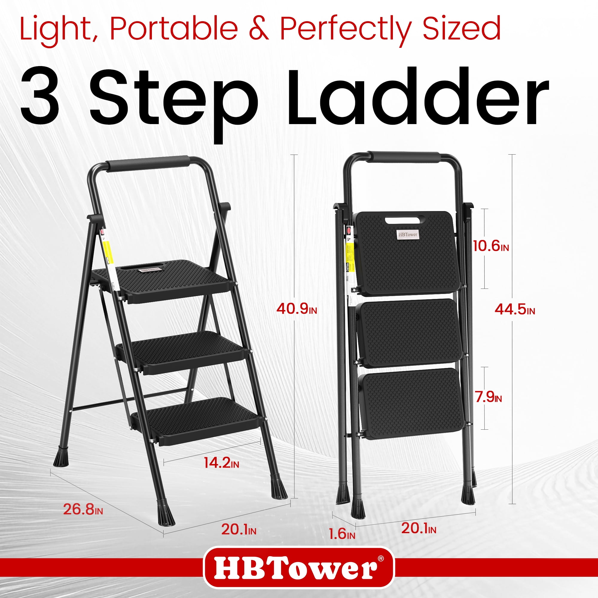 HBTower 3-Step Folding Ladder, Heavy-Duty Steel Step Stool with Anti-Slip Pedals and Handgrip (Black, 500 lb Capacity) 21v5g