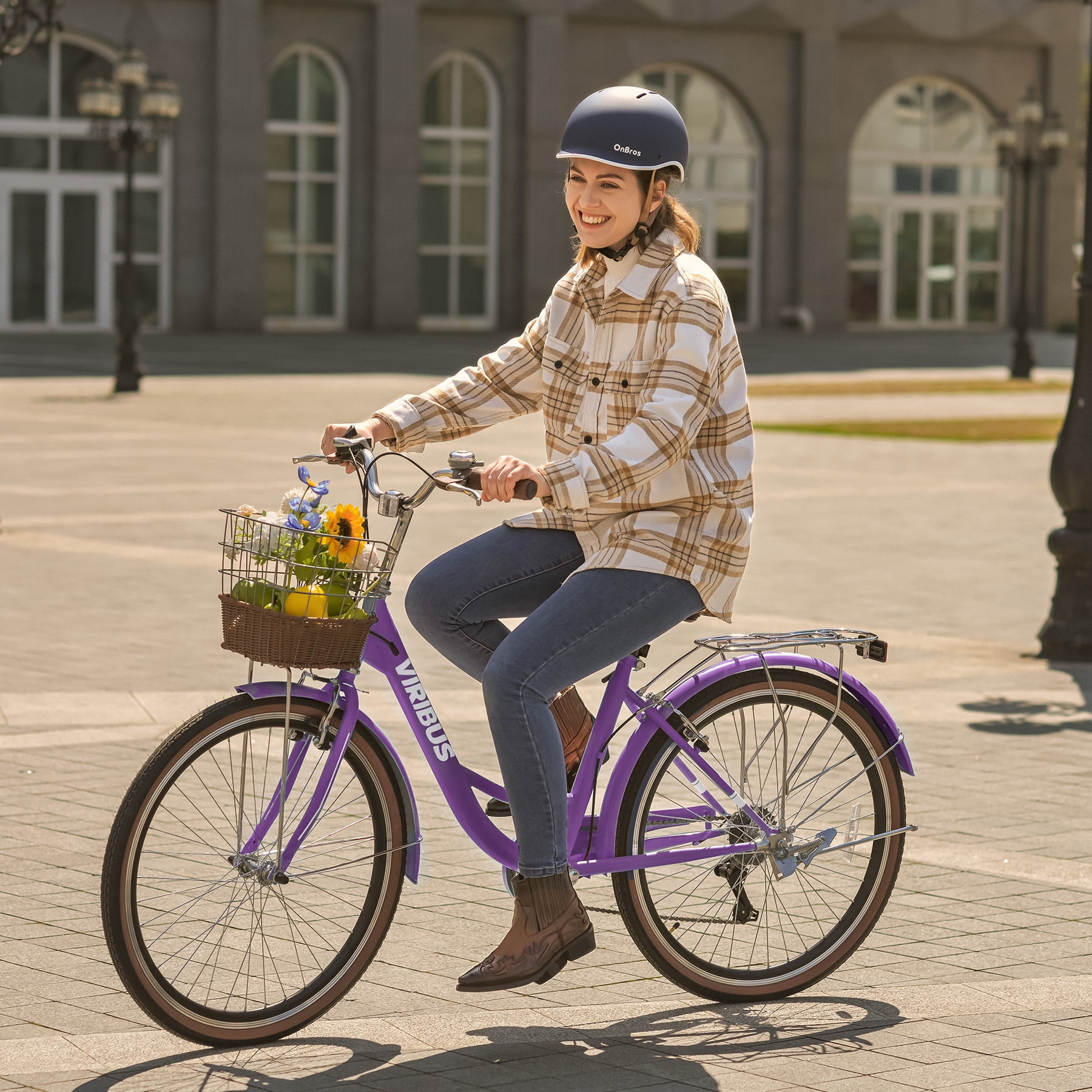 Viribus 24 in Women's Cruiser Bike, 7-Speed Beach and City Bicycle with Basket and Rack (Purple, 24 in) wzbic