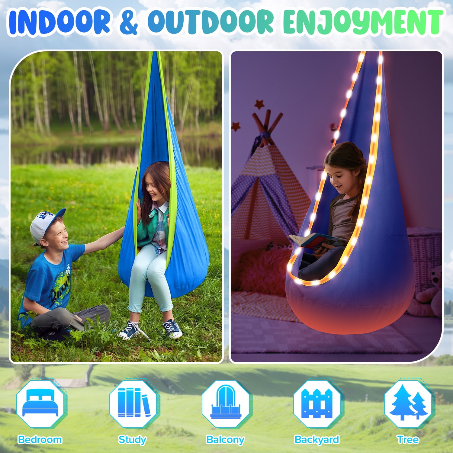 UQN Kids Pod Swing Seat, LED Light Up Hanging Hammock Chair with Inflatable Pillow, Sensory Swing for Indoor and Outdoor Use (176 lb Capacity) svgl9