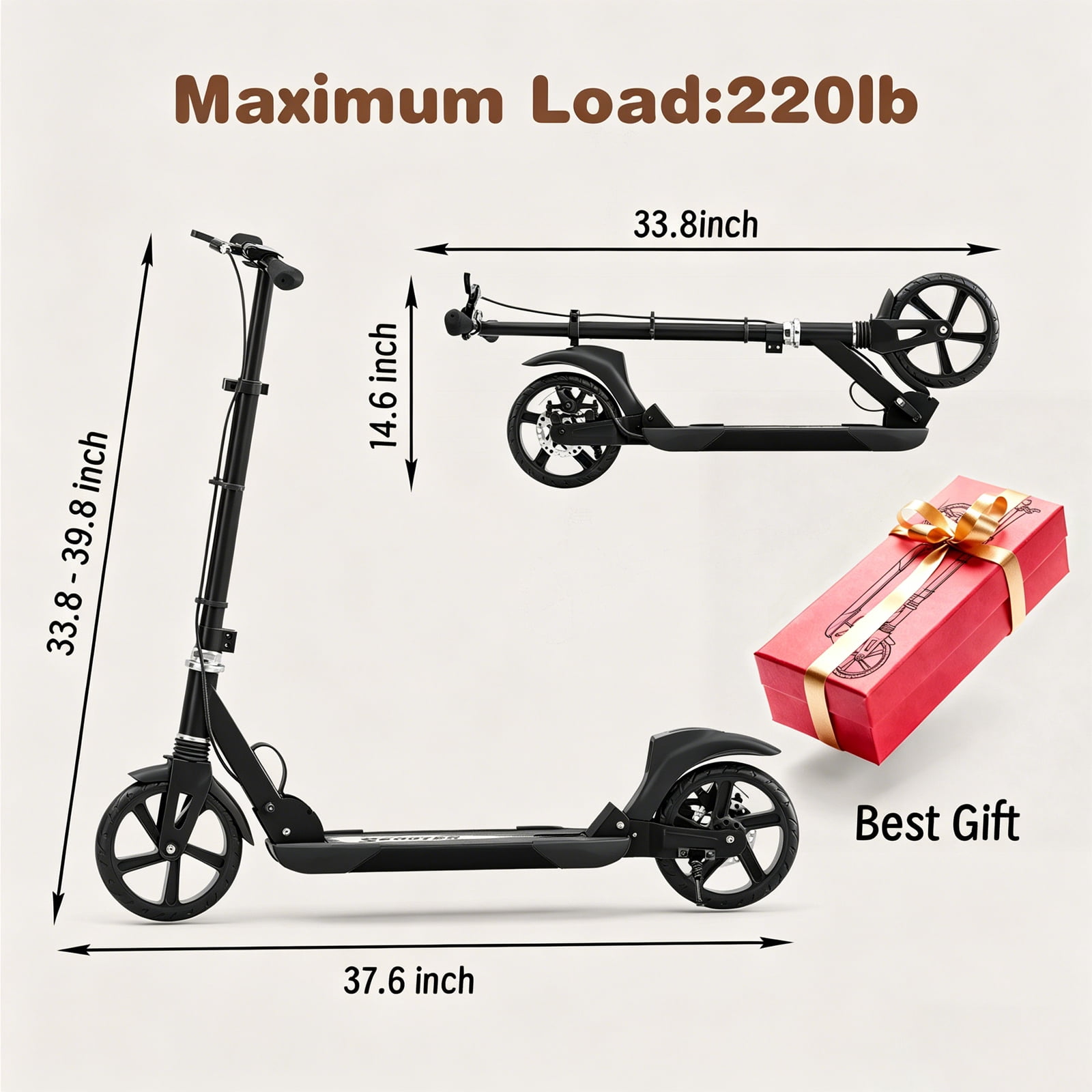 Duomigo Kick Scooter for Teens and Adults, Foldable Commuter Scooter with Hand Brake and 8 in Wheels (Black, 220 lb) pbg6k
