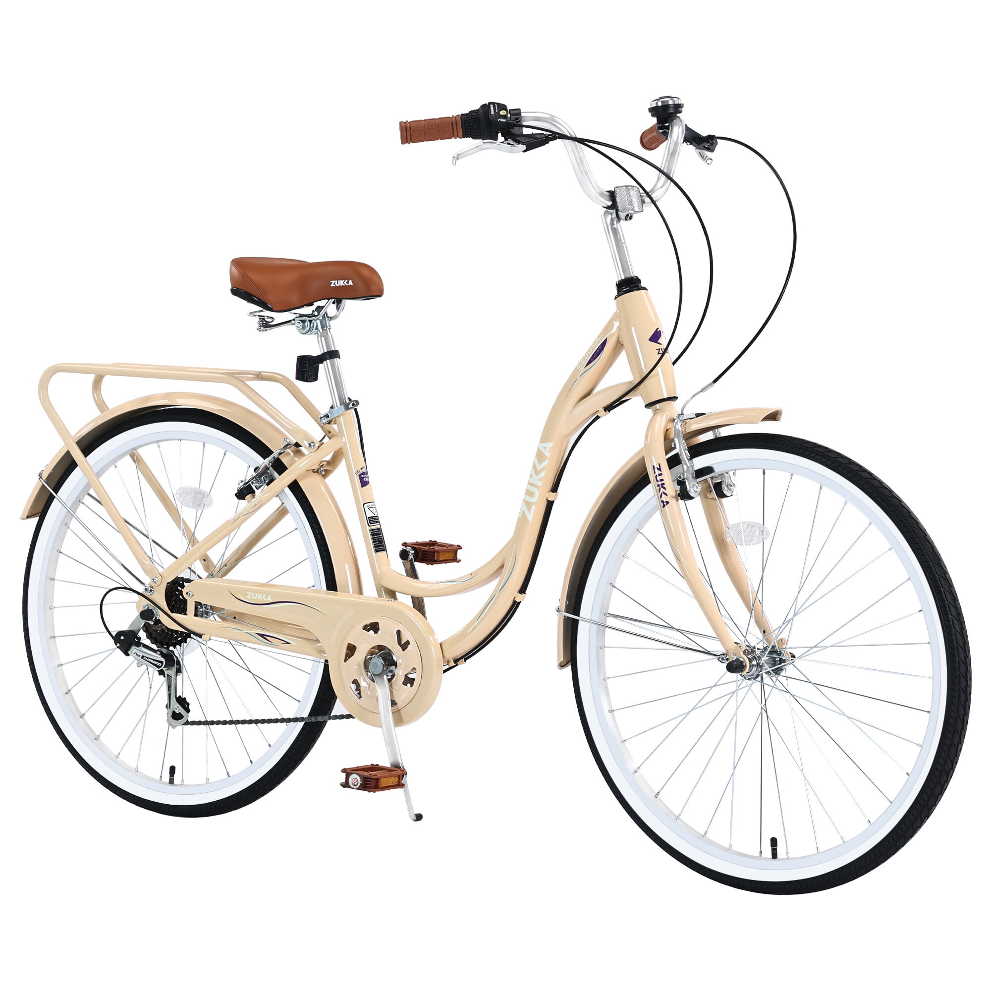 PuppyCheer 7-Speed Mountain Bike, Steel Frame Hybrid Commuter Bicycle (Beige, 24 in) esw6a