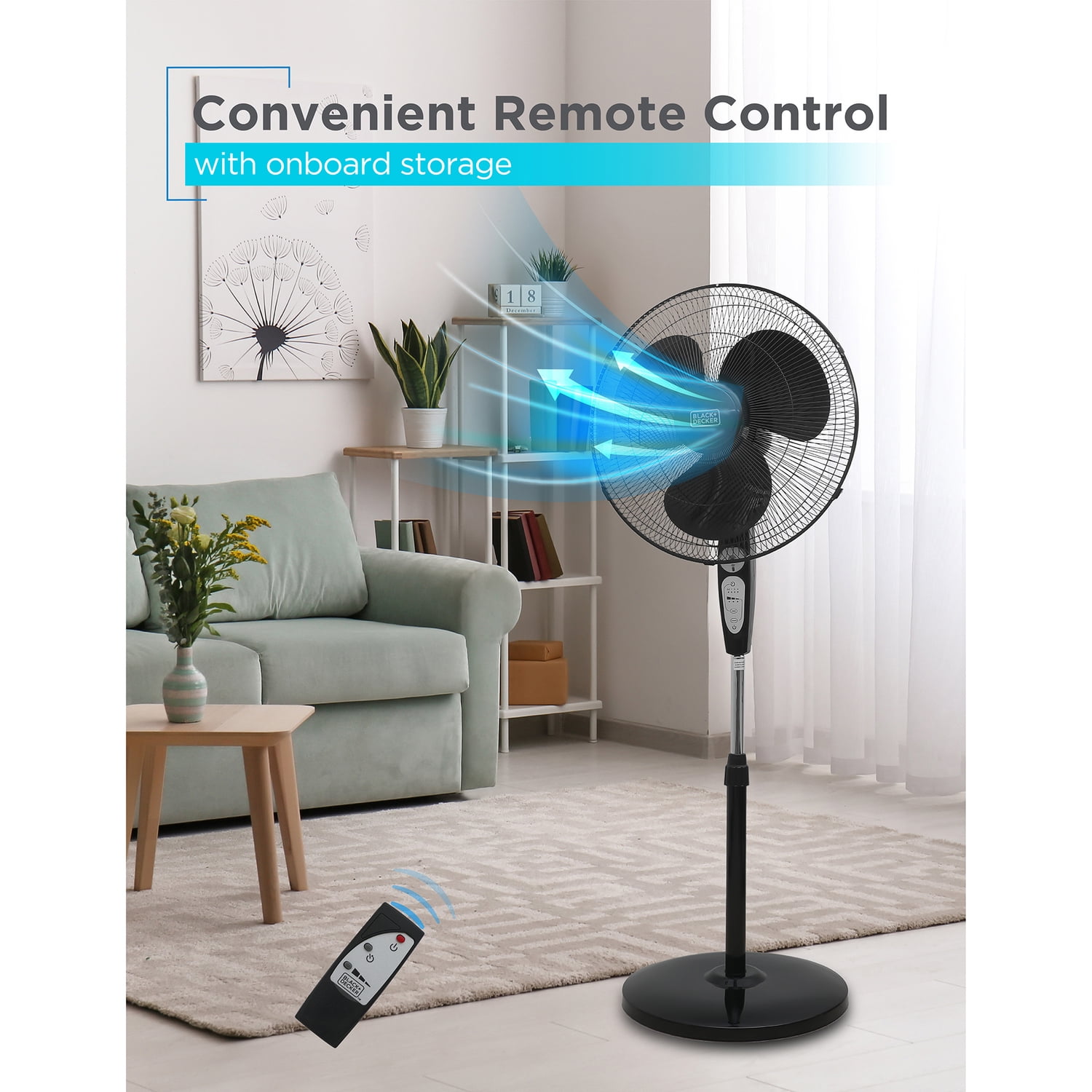 BLACK+DECKER 18-In. 3-Speed Oscillating Stand Fan with Remote (Black, 52 in Height) loeb8