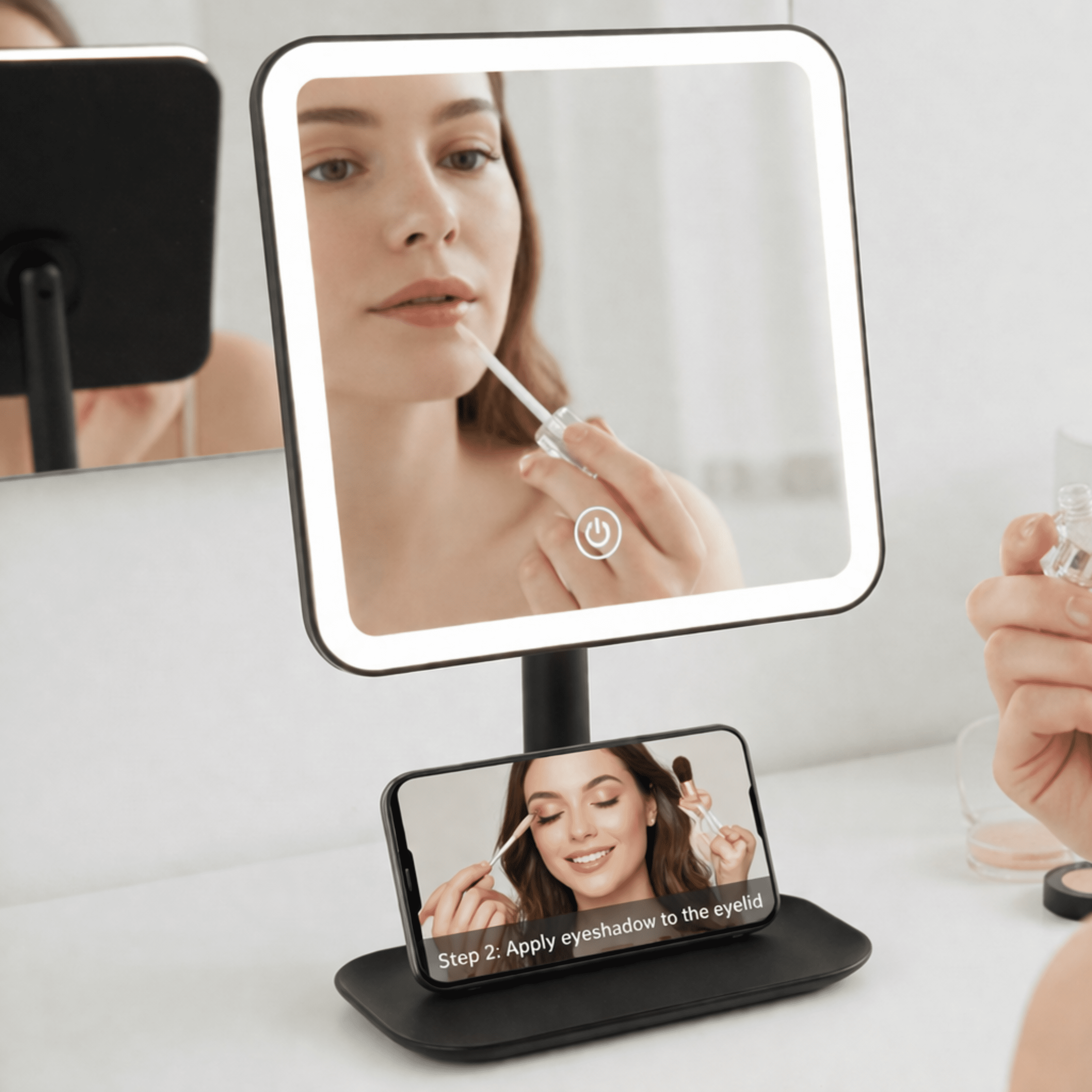 Mainstays LED Lighted Vanity Makeup Mirror with 5X Magnification and Storage Tray (Black, 1 Unit) vwn10