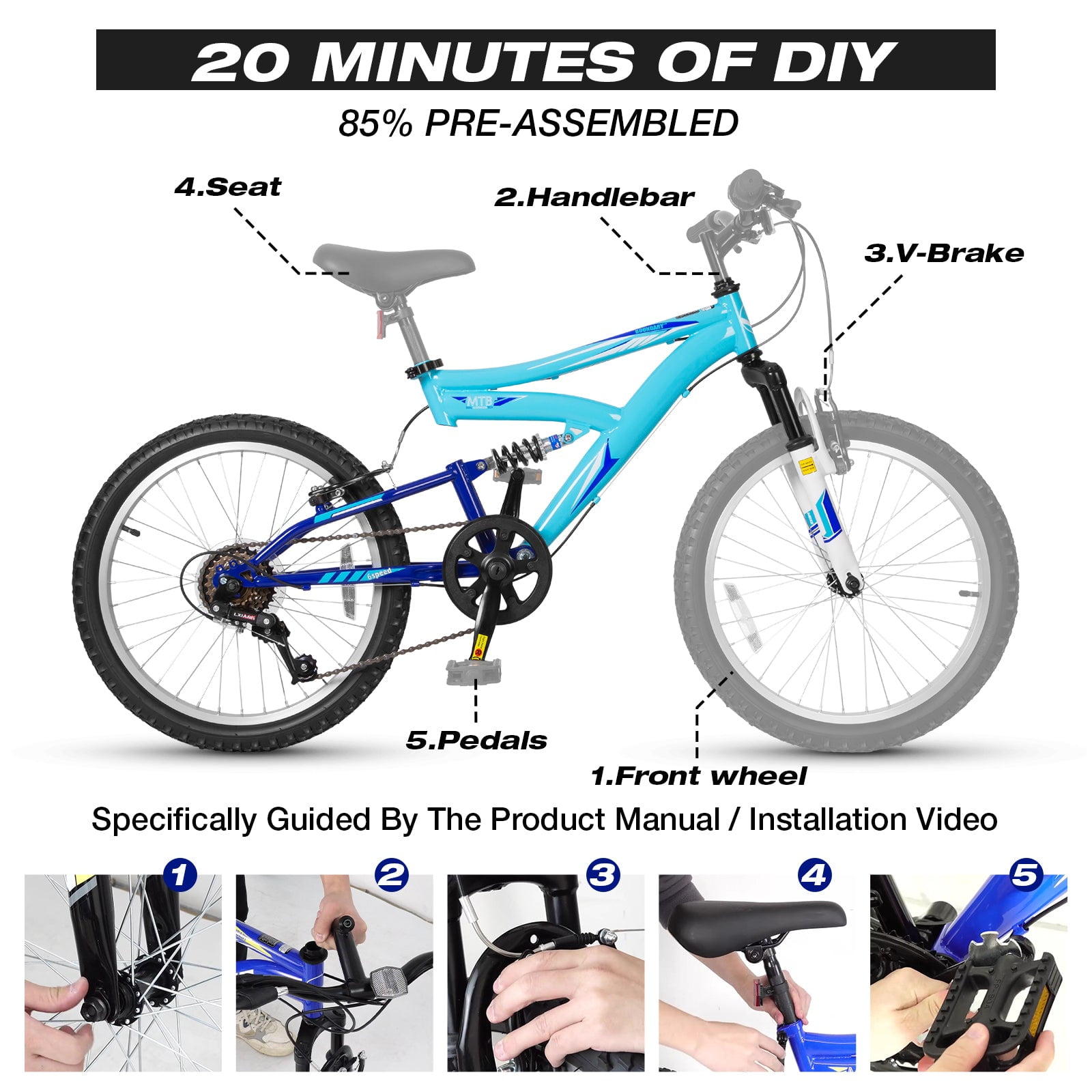 Hykolity Kids Mountain Bike 20 in Full Suspension MTB for Boys and Girls (Aqua Blue, 20 in) uppx4