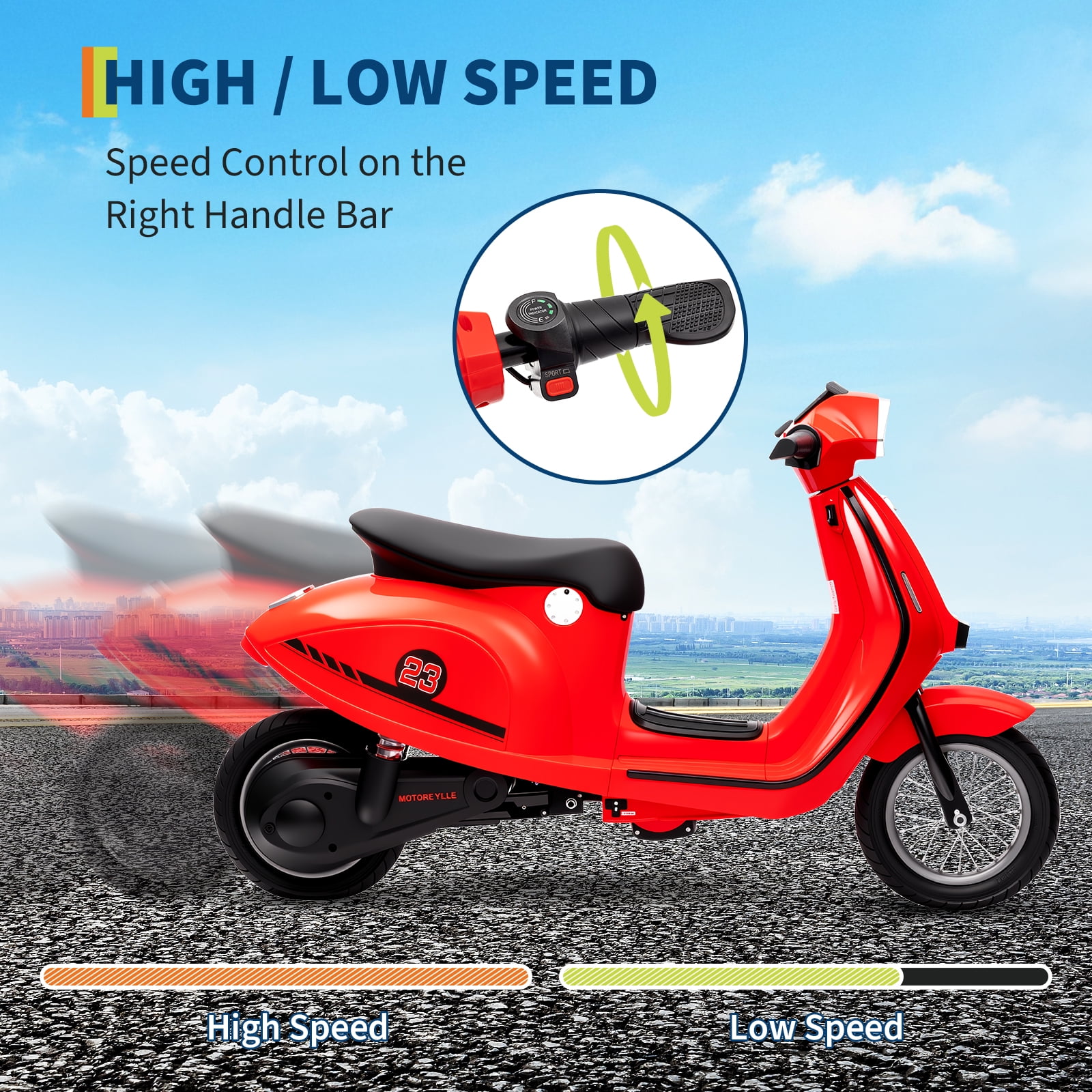 Tuekys Electric Moped Scooter for Kids, 24V 350W Ride-on Motorcycle with LED Lights (Red, 51.18 in) vu0ys