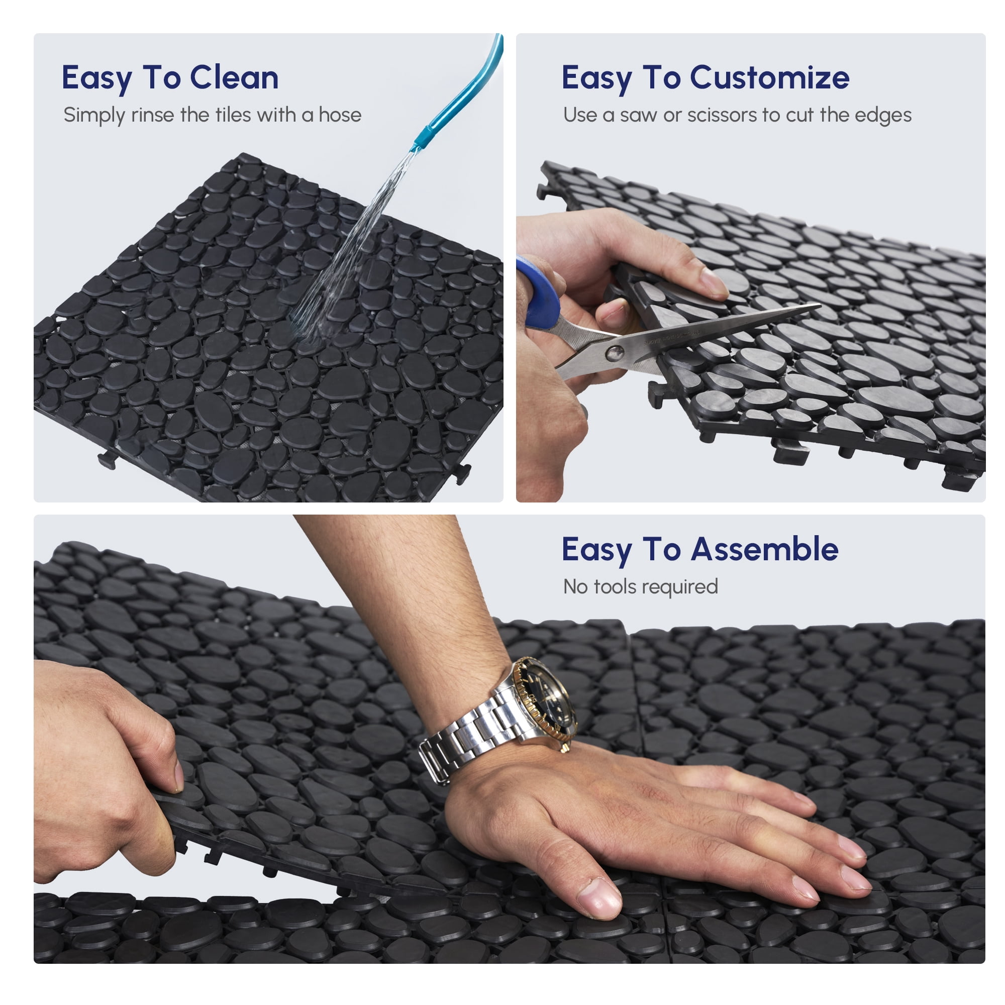Jopath Interlocking Deck Tiles, Waterproof Outdoor Flooring with Pebble Stone Pattern (Black, 60 Pack, 12 in x 12 in) thotv