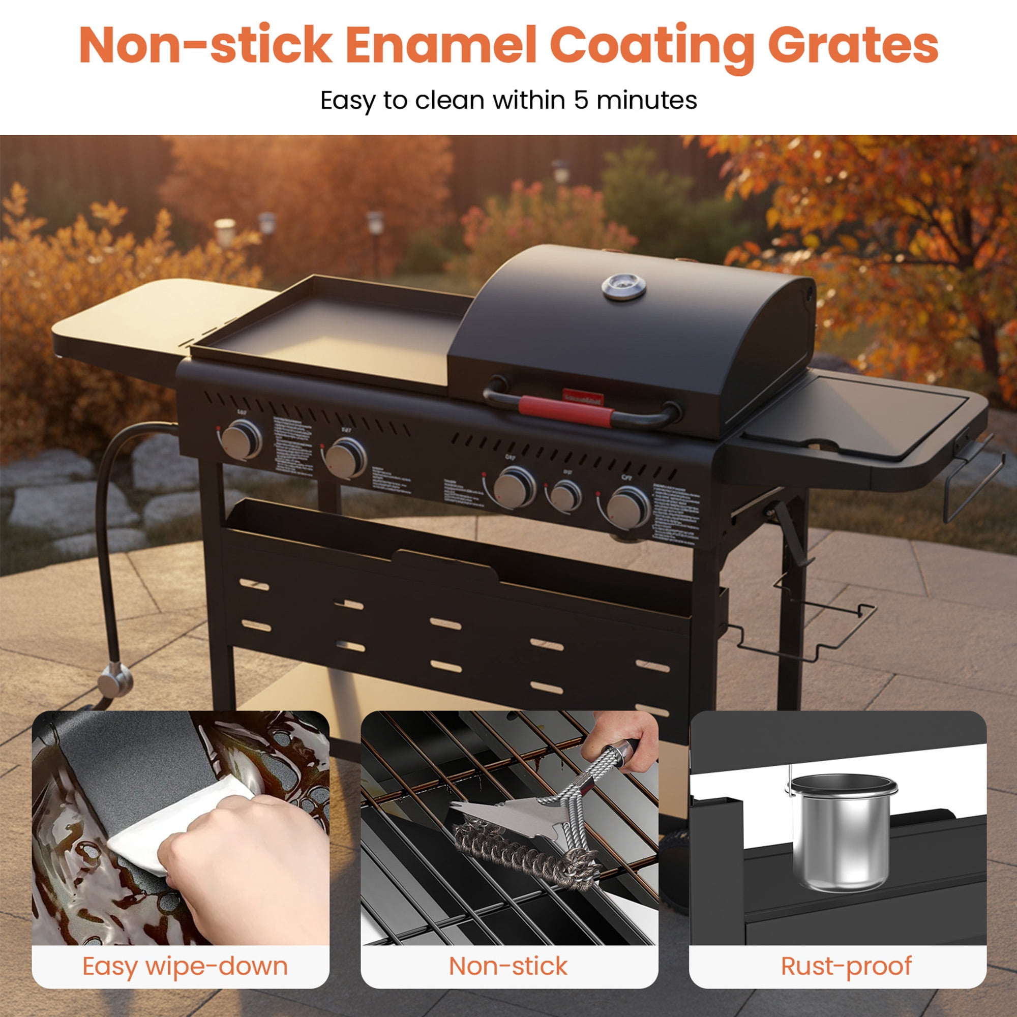 Tcisa 5-Burner Gas Grill and Griddle Combo with Side Burner (Black, 702 sq in) 0kive