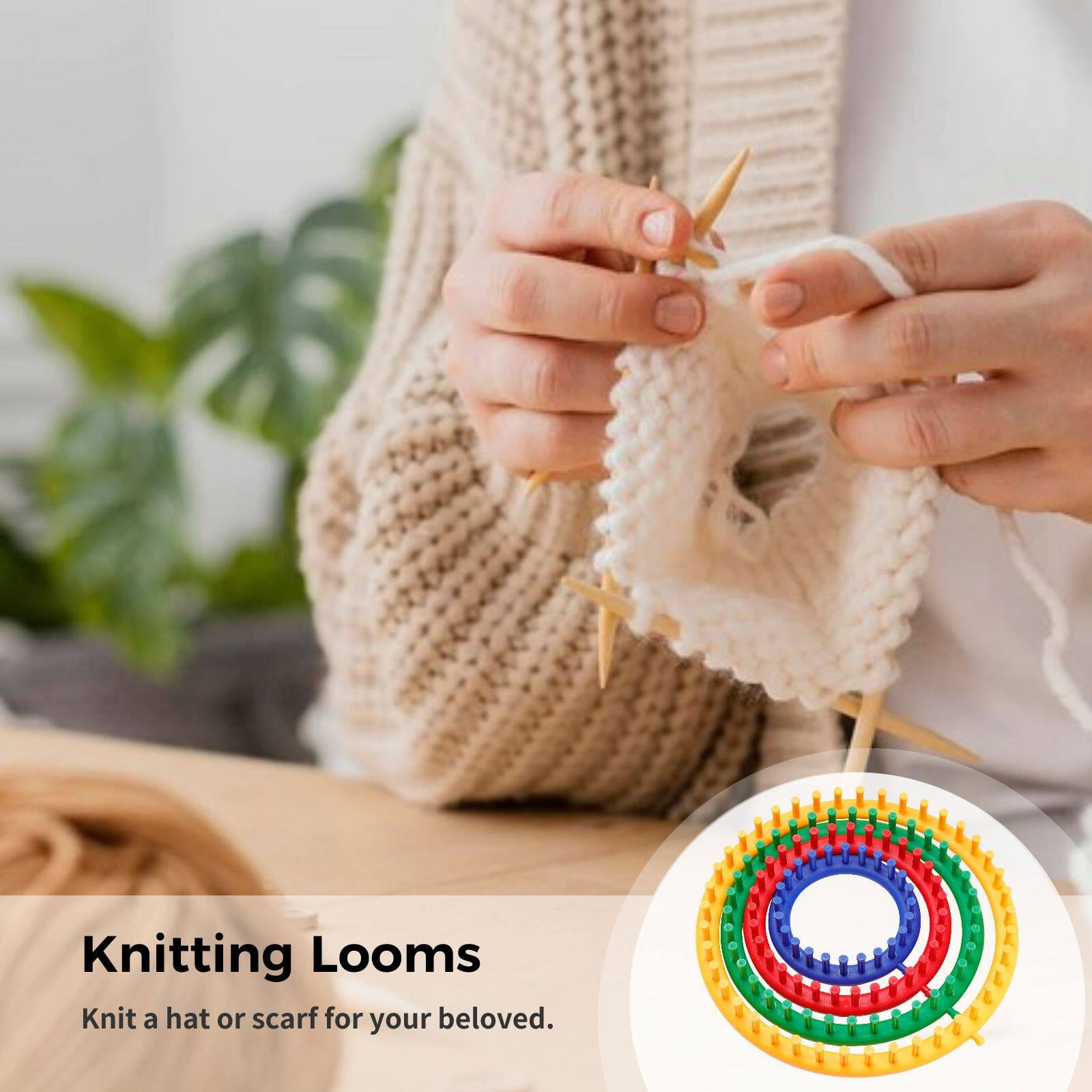 TIFOR Round Knitting Loom Set (4-Piece Circular Knit Tool Kit with Crochet Hook and Needles, Multi-Size) 9w9w4