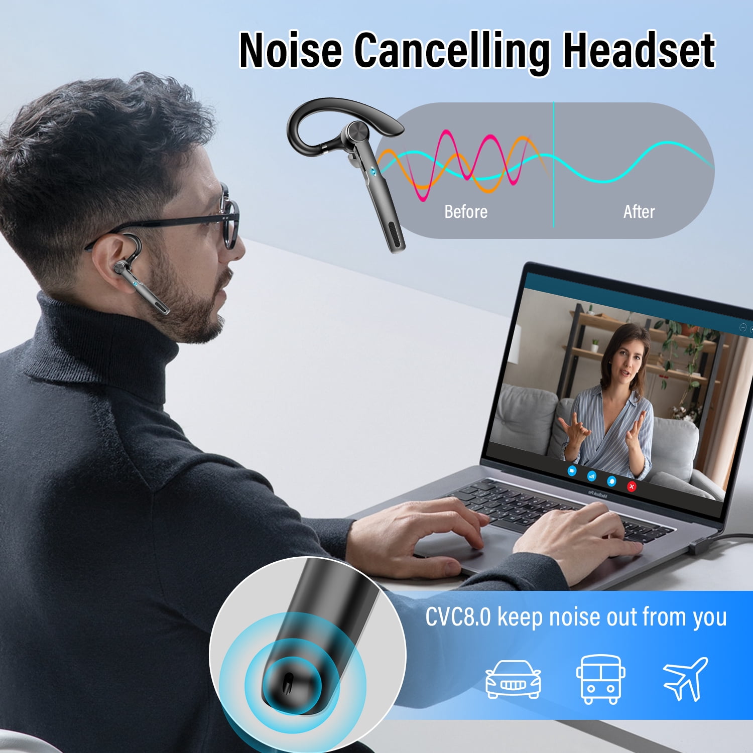 Aptkdoe Single-Ear Bluetooth Headset with ENC Microphone, Wireless Earpiece for Business and Driving (Black, 400mAh Charging Case) 1vq2c