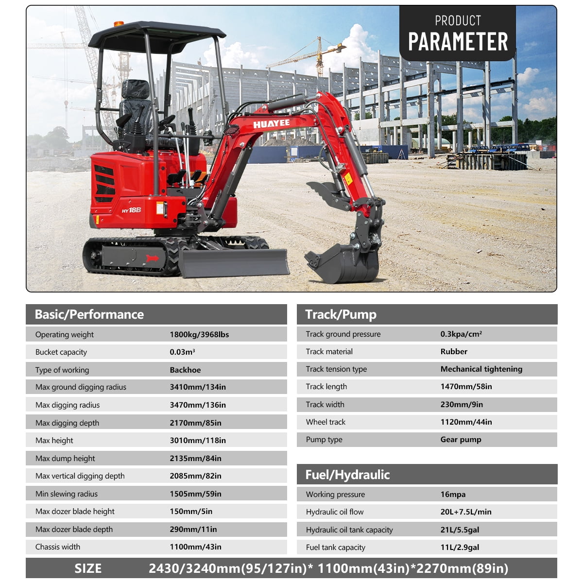 HUAYEE 1.8 Ton Mini Excavator HY18B with 14HP Kubota Diesel Engine (Red, 1.8 Ton) lpo3l