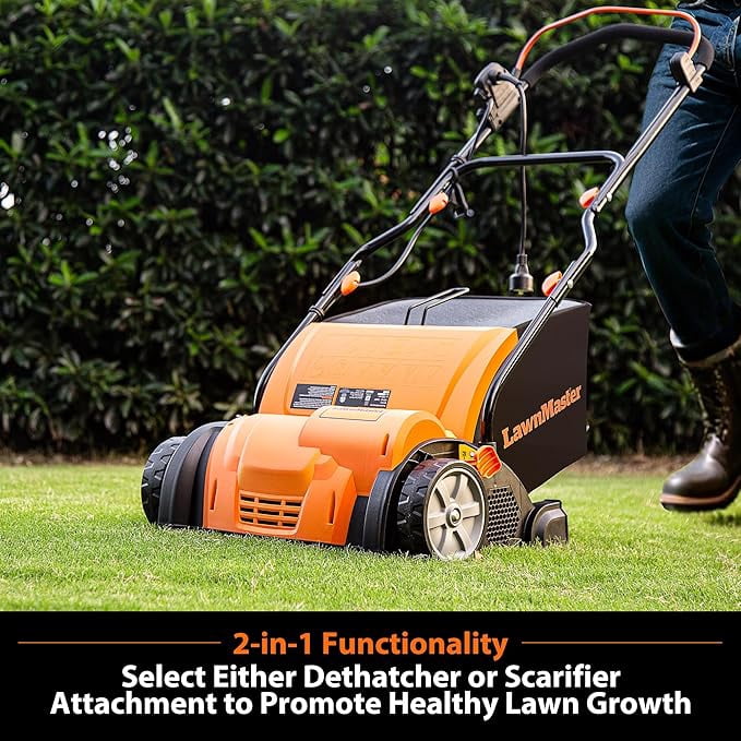 LawnMaster 13 Amp Electric Dethatcher and Scarifier with 10.5 Gallon Collection Bag (Orange, 15 in) bl4x6