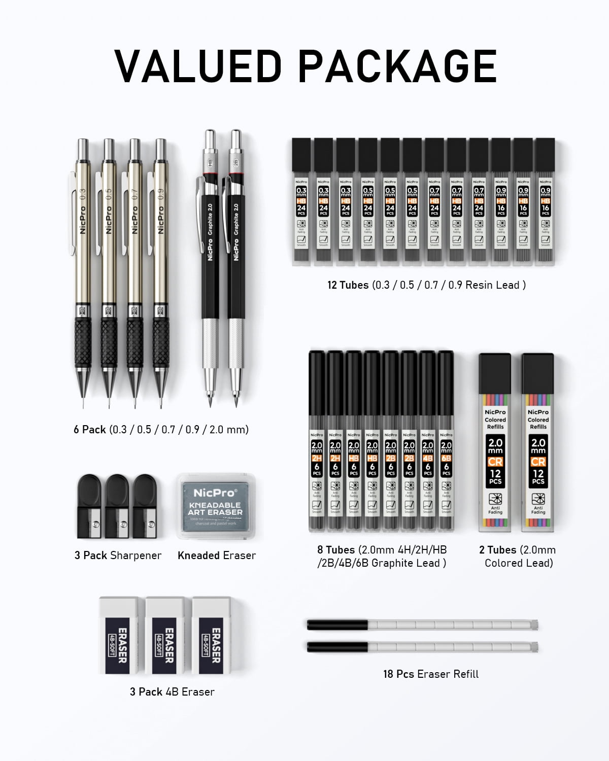 NicPro Mechanical Pencil Drafting Set with Lead Refills and Erasers (6-Piece Set) 7wyfv