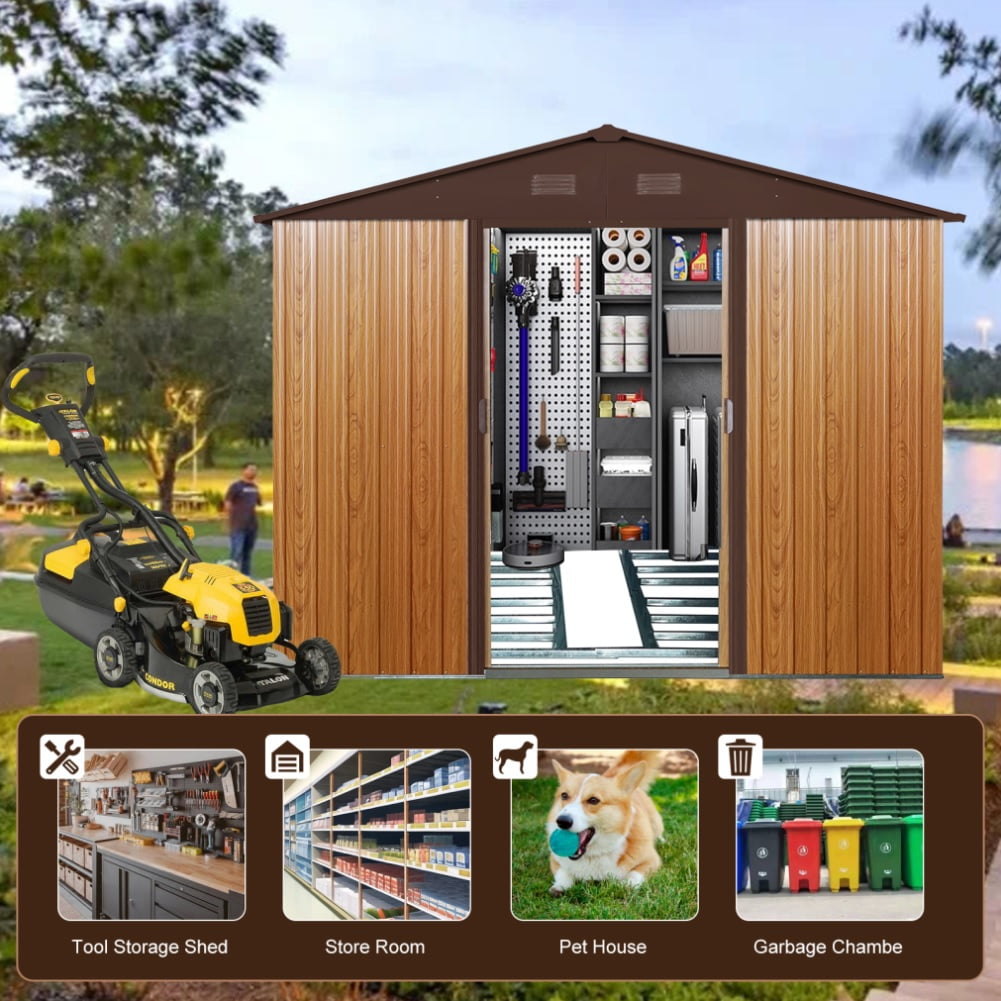 Broadfashion Steel Outdoor Storage Shed, Waterproof Garden Tool Shed with Lockable Sliding Door (8 ft x 10 ft) 4gkaa