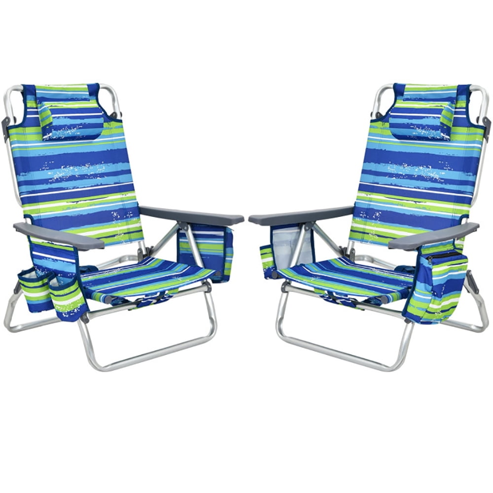 Demifill 2-Pack Folding Backpack Beach Chair, 5-Position Adjustable Reclining Outdoor Lawn Chair with Storage (Blue, 2-Pack) 7t15c