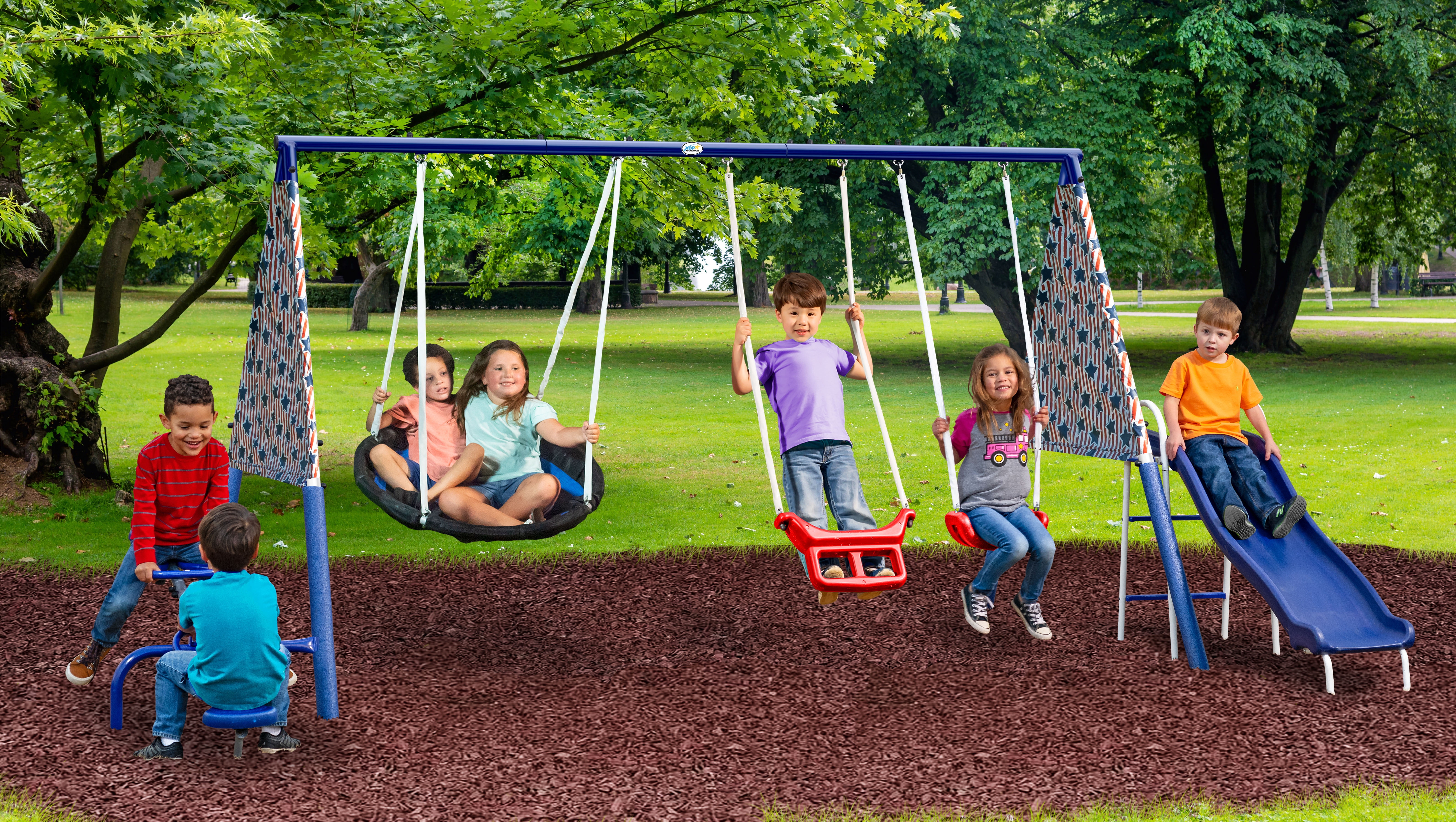 XDP Recreation Freedom Fun Metal Swing Set with Super Disc Saucer, See-Saw, and Slide (White, 128 in W x 91 in D x 74 in H) b6pmt