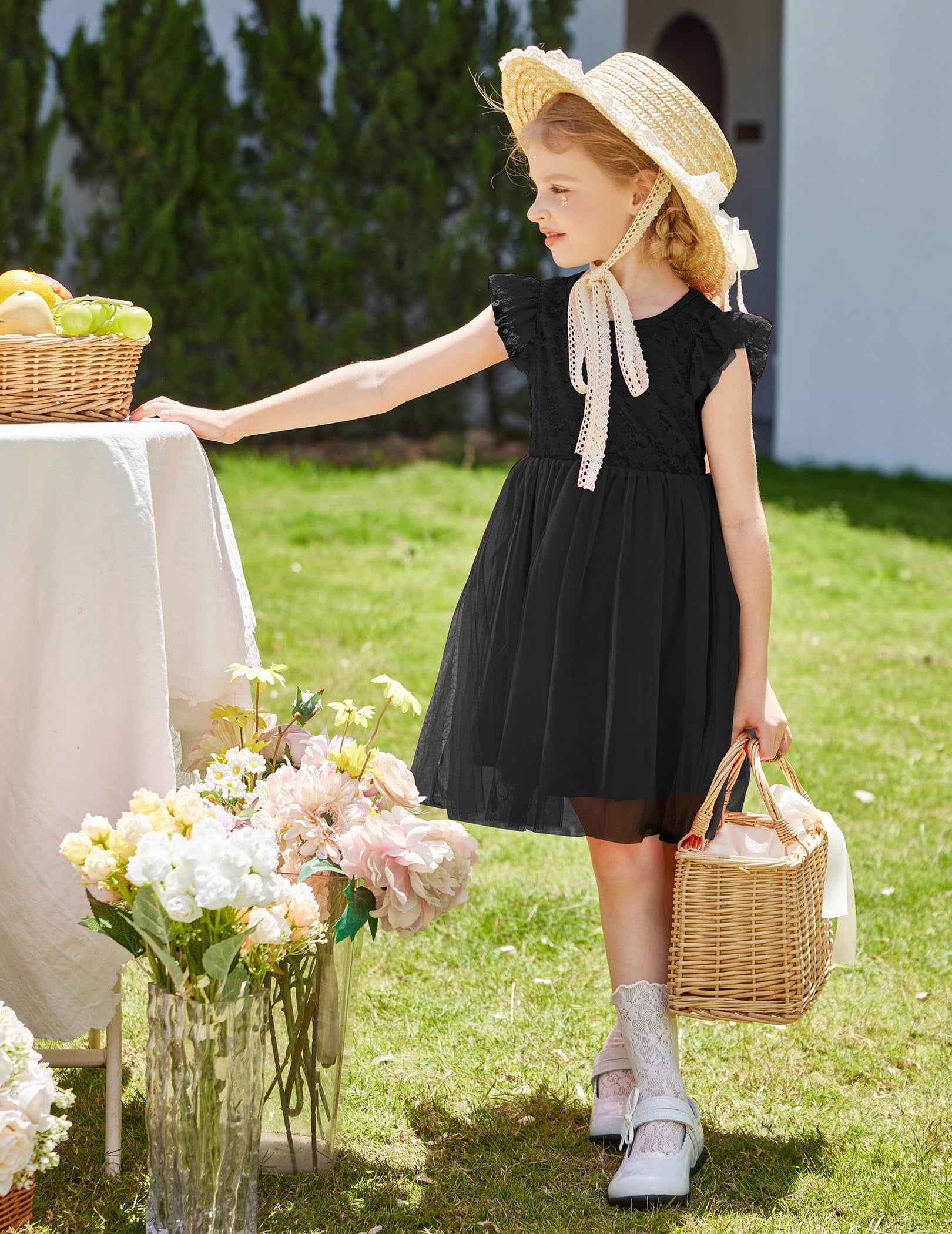 Oudiya Toddler Girls Lace Tutu Dress 3-Layer Tulle Ruffle Sleeve Summer Party Dress (Black, 3T) 9qw3c