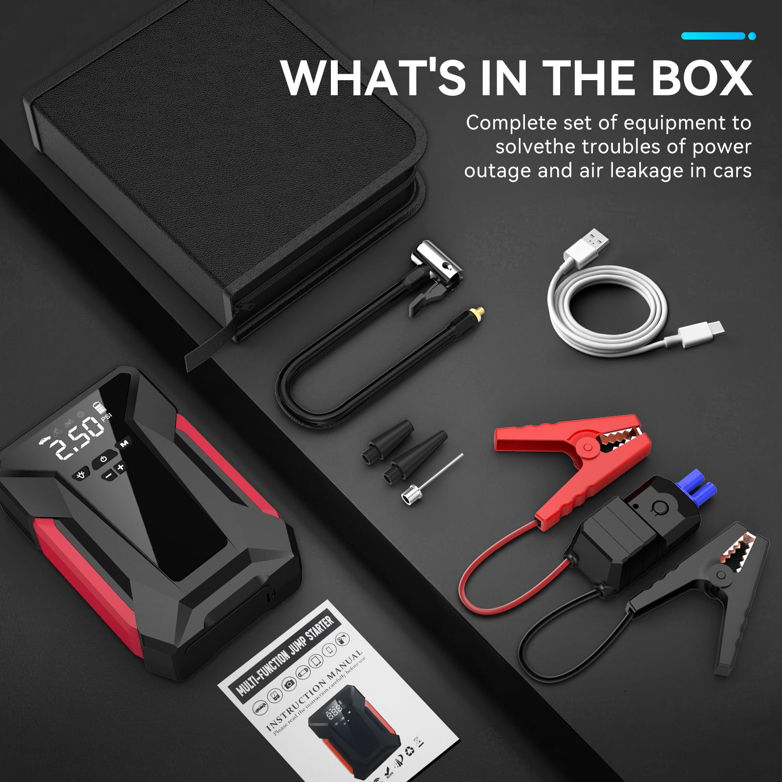 Amybaby 8-in-1 Emergency Jump Starter and Tire Inflator, 4000A Peak Portable Power Bank with 150PSI Air Compressor (1 Unit) zk7os