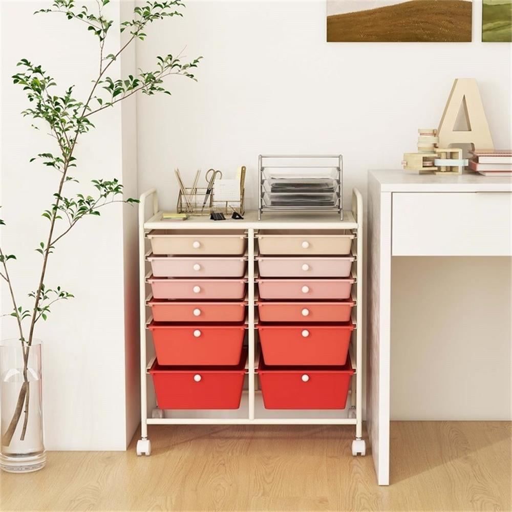 Pemberly Row 12-Drawer Rolling Storage Cart with Swivel Casters (Pink, 25 in x 15 in x 29.5 in) pk3sc