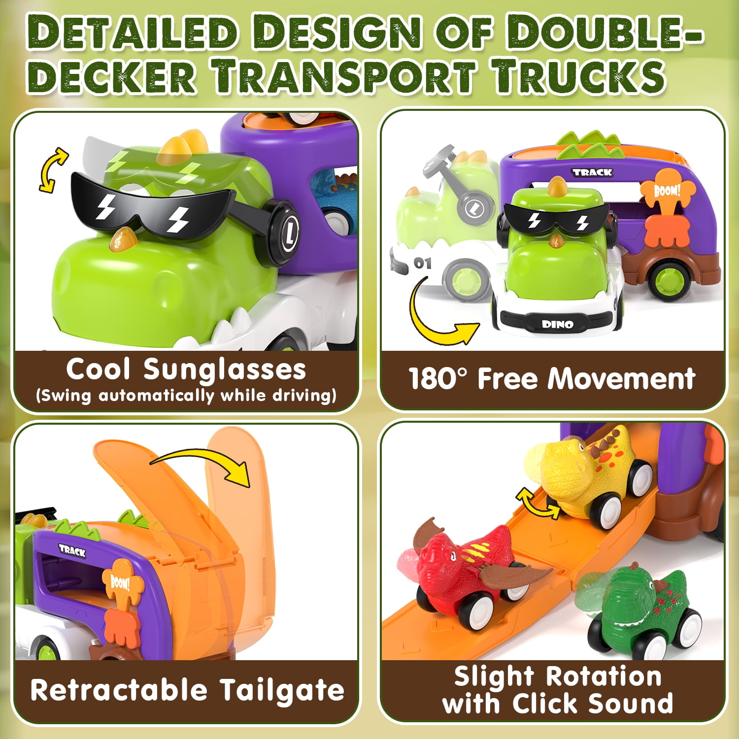 KWANITHINK Dinosaur Carrier Truck Toy Set with Lights and Sounds, Pull Back Mini Cars for Toddlers (Green, 12.38 in x 4.72 in x 5.31 in) fv1xm