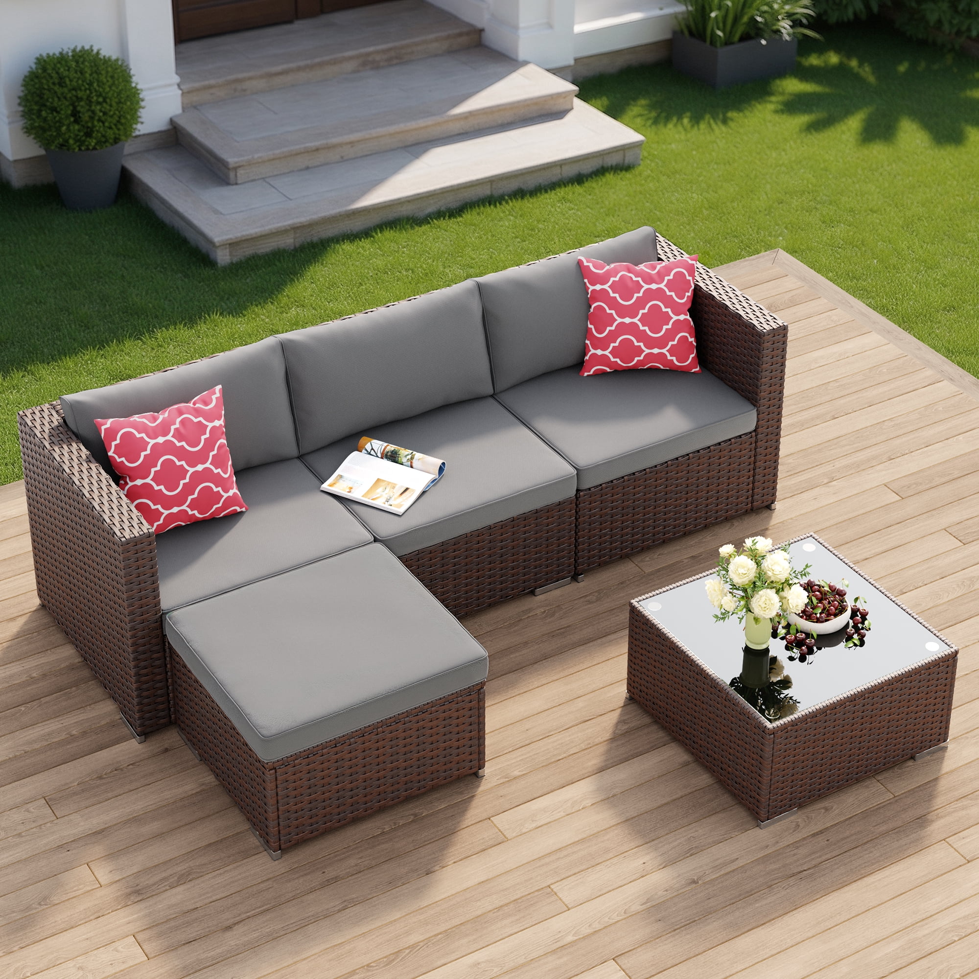 Asofer 5-Piece Outdoor Sectional Sofa Set with Glass Coffee Table and Cushions (Gray, 85 in x 52 in x 25 in) wh9kt