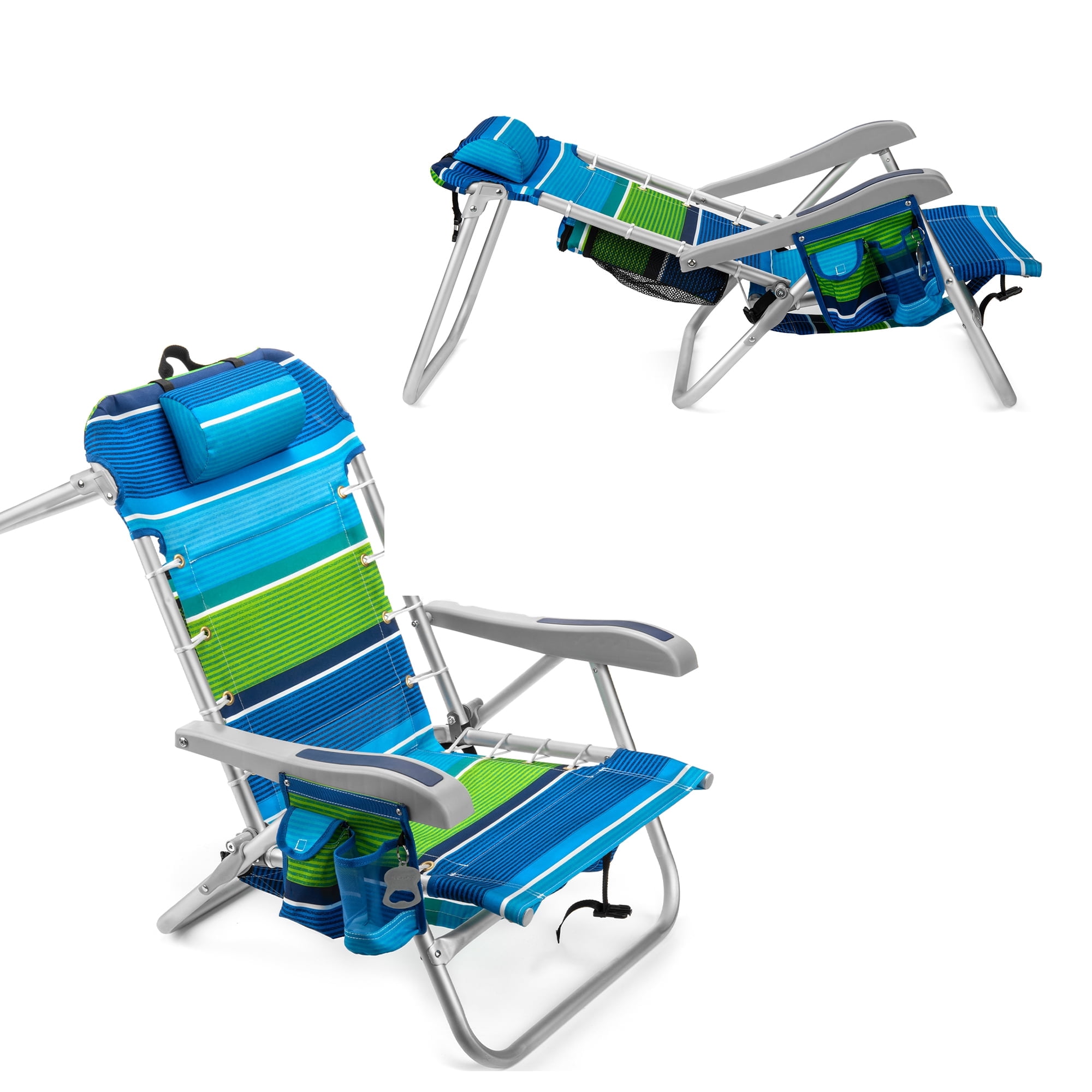 Homevative Cooler+ Folding Backpack Beach Chair, 5-Position Reclining Outdoor Seat with Storage (Blue) mds1g