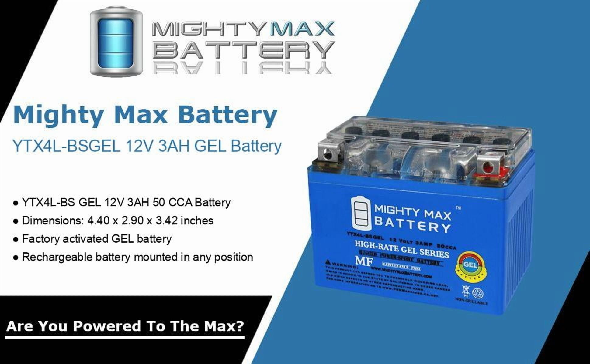 Mighty Max Battery YTX4L-BS GEL Motorcycle Battery (12V 3AH, 50 CCA, Maintenance Free) jy3nq